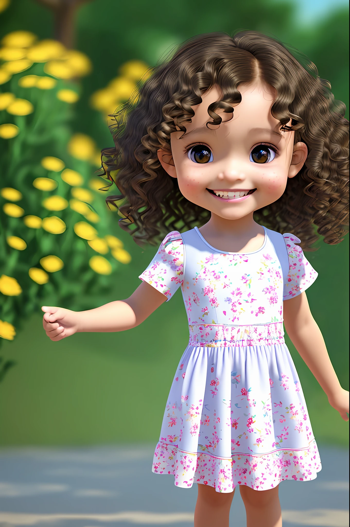 A , curly brown hair, fair skin, in flowery dress, skin details, smiling and separated teeth. Children's scenario. Chibi style drawing, detailed, unreal engine, background blur, 8k