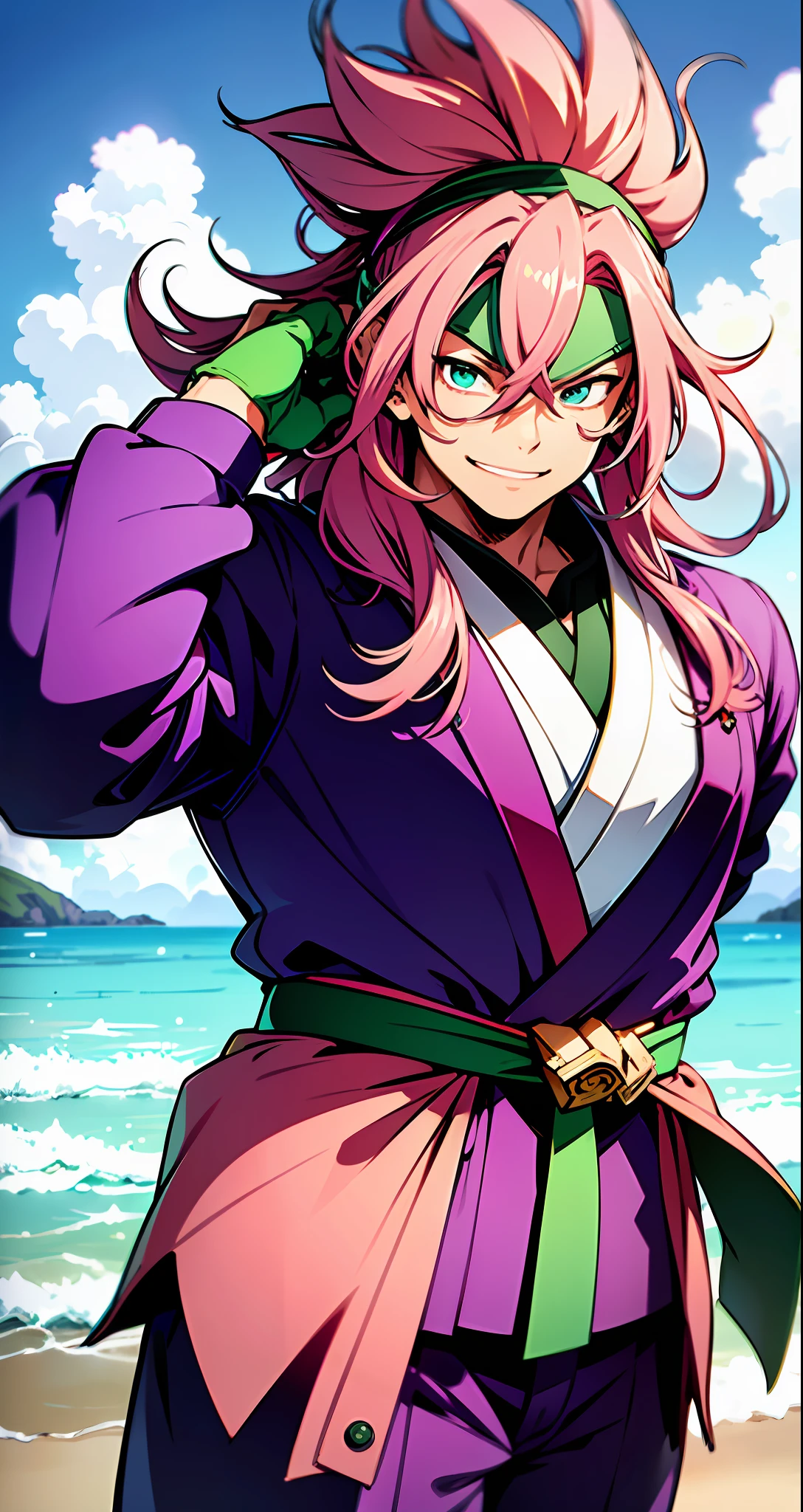Patricio Estrella with long pink hair, standing against a vibrant ocean blue background. He is depicted as an anime character; His features are angular and detailed, his eyes large and expressive. He has a confident smile on his face, with a subtle touch of childishness. She wears a bright green headband adorned with purple accents, a nod to her starfish origins. His chubby physique is accentuated by a karate gi with green and purple trim, tied with a thick pink belt, which his outfit reminds of a Hawaiian outfit. ((The image is drawn in the style of Masashi Kishimoto)), with an emphasis on vibrant colors and intricate lines