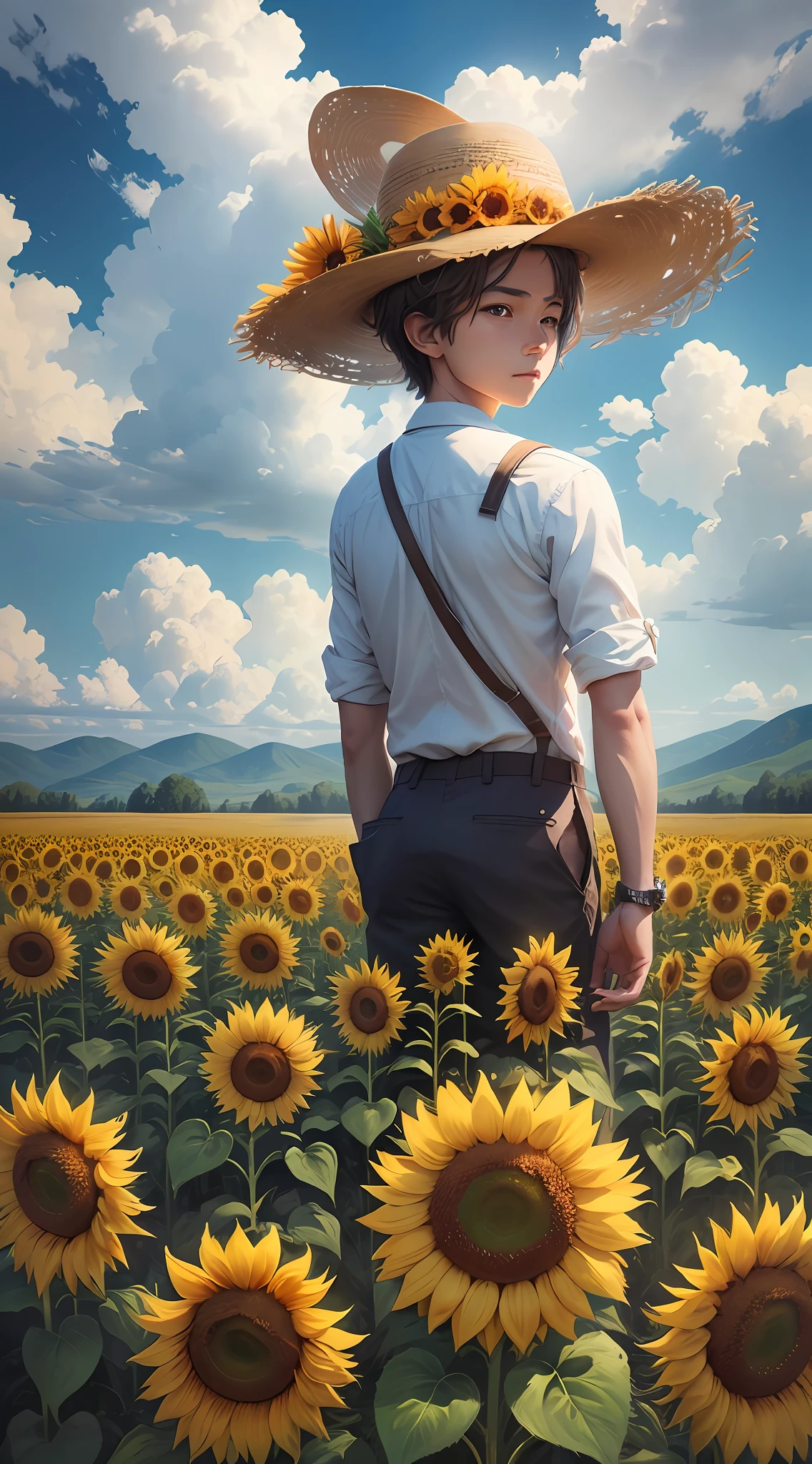 sunflowers field, a farmer uncle with a straw hat standing in a sunflowers field, big clouds, blue sky, sunflowers field, neat sunflowers seedlings in the field, forest, hillside, secluded, rural, HD detail, hyper-detail, cinematic, surrealism, soft light, deep field focus bokeh, ray tracing and surrealism. --v6