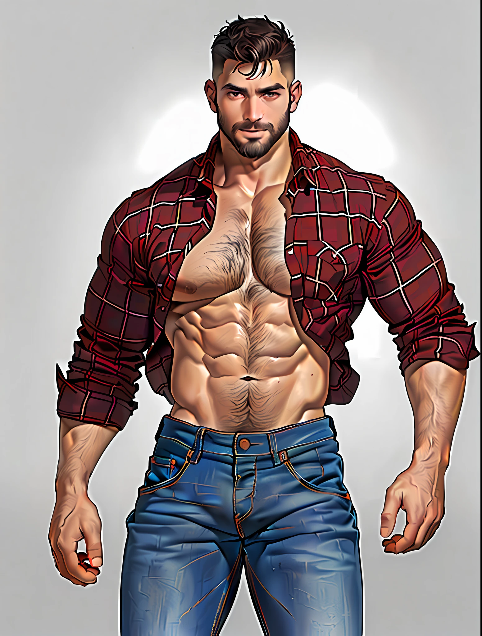 parameters: topless male, solo, (young), semi-realistic illustration of a lumberjack, dark skin, sweat, beard, body hair, small waist, broad shoulders, chisled jawline, asthetic muscular physique, open shirt, open jeans, red flannel shirt, huge crotch bulge, masculine, inside stable's, masterpiece, best quality, high-res, medium full-body shot, looking at viewer, by chunie and Taran Fiddler, naked, cowboy, full-quarter body shot,