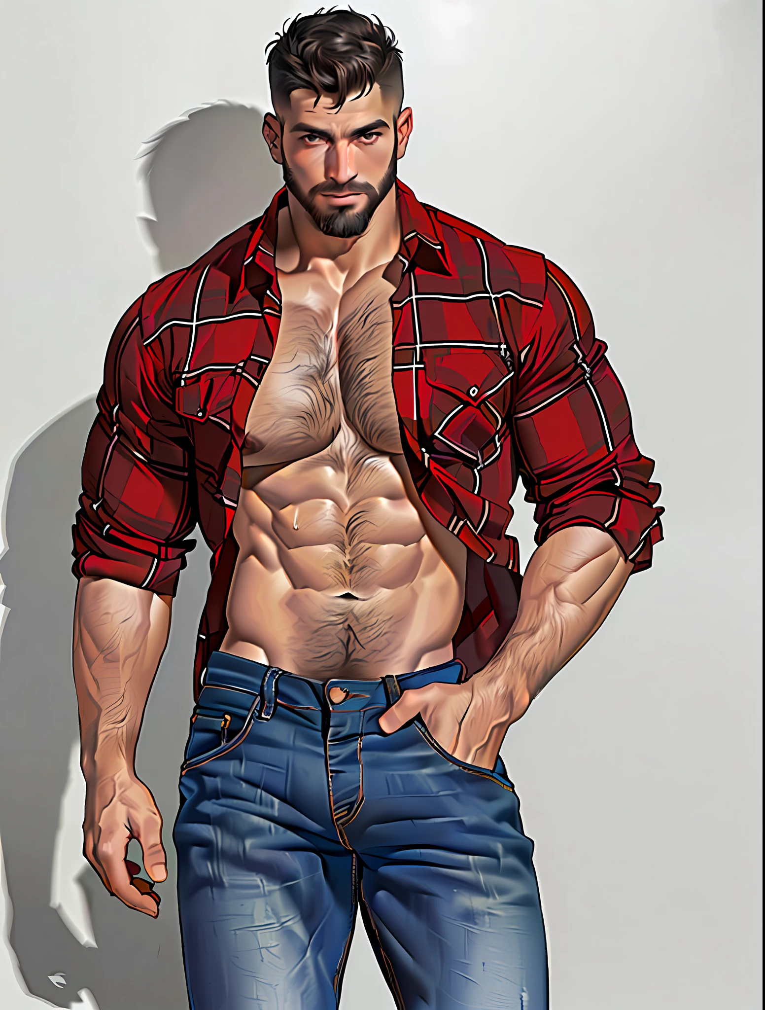 parameters: topless male, solo, (young), semi-realistic illustration of a lumberjack, dark skin, sweat, beard, body hair, small waist, broad shoulders, chisled jawline, asthetic muscular physique, open shirt, open jeans, red flannel shirt, huge crotch bulge, masculine, inside stable's, masterpiece, best quality, high-res, medium full-body shot, looking at viewer, by chunie and Taran Fiddler, naked, cowboy, full-quarter body shot,