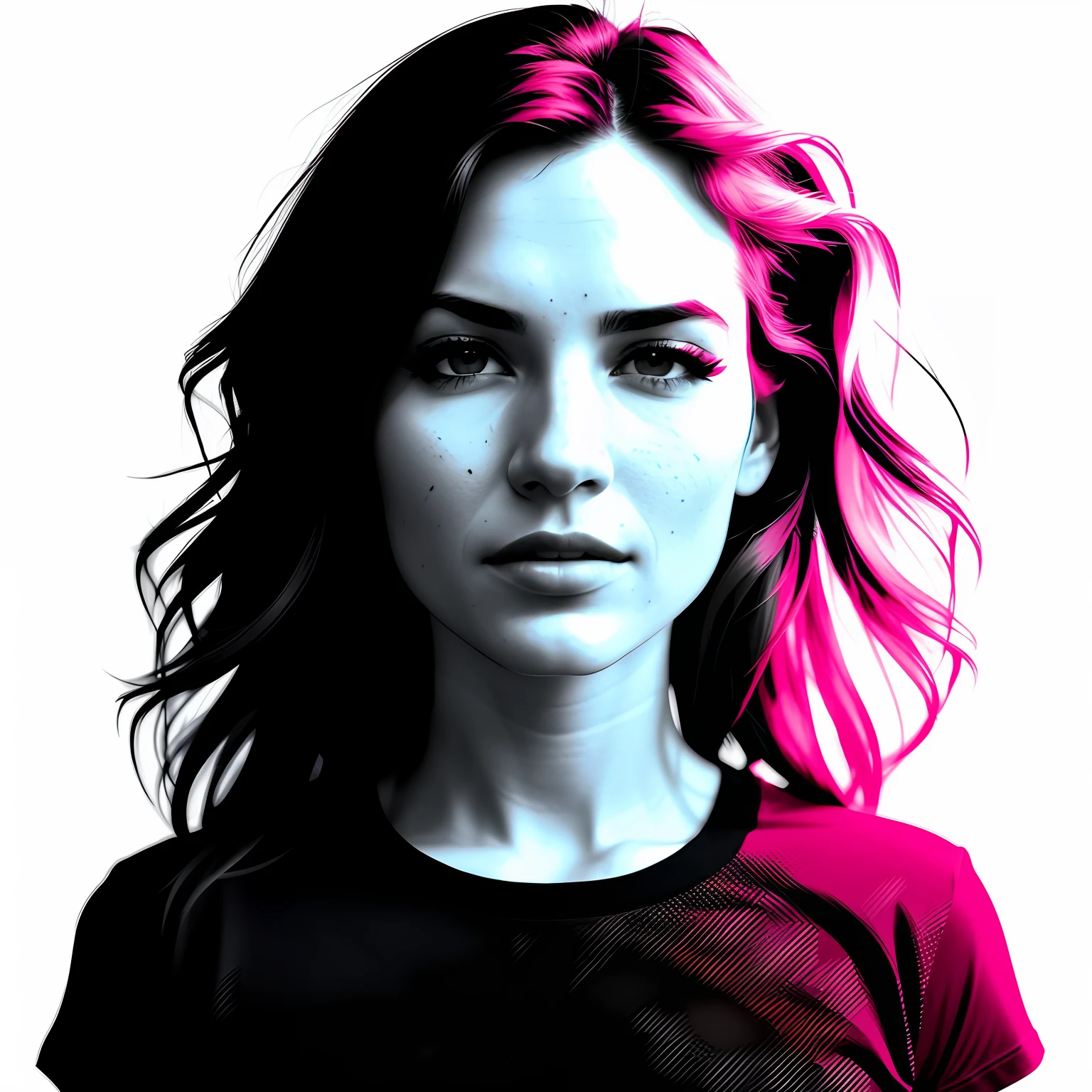 woman's face, design t-shirt, design,striking eyes sidelight, bright face, black and white, centralized, white background, cinematographic, Portrait shot, no mockup ar 2:3