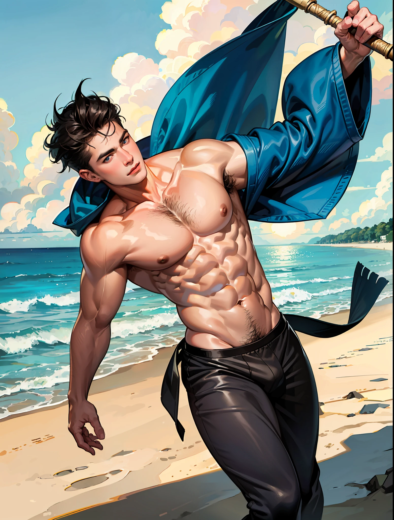 1man, the most attractive masculine muscular, middle aged, tall, huge body, no shirt, shirtless, very small string loincloth, black very short hair, blue eyes, hairy body, sea, beach, clear summer day, detailed face, detailed hands, light bounce, coustics, detailed legs, detailed fingers, detailed hair, detailed eyes, detailed skin, dynamic lighting, (photorealistic:1.4), 8k uhd, (hyper realistic), (photo realistic), (masterpiece), (best quality), masculine shape, masculine, rough, raised, huge bulge