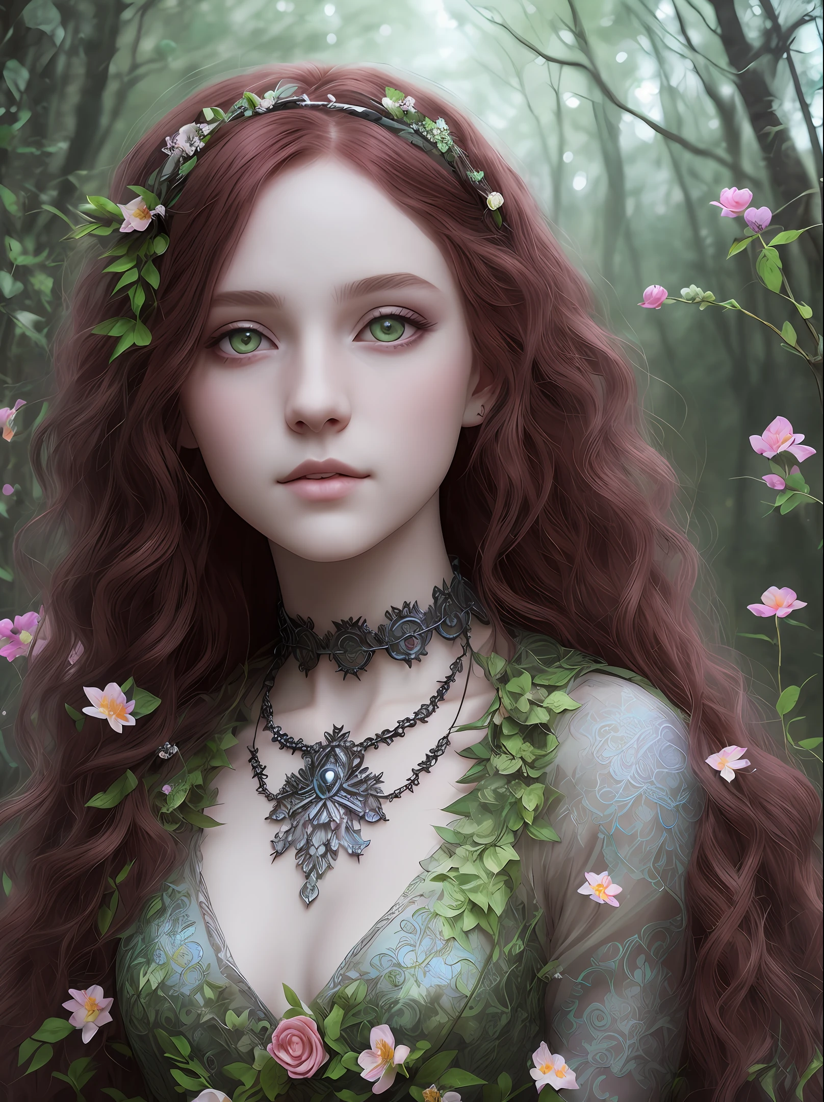 beautiful princess, (magic forest background), pale skin, delicate and pretty detailed face, long and curly red hair, detailed and realistic bright green eyes, fairy and flowers, wild flowers blending into hair, medieval princess outfit, full body, cover, choker, hyperdetailed painting, luminism, Bar lighting, complex, 4k resolution concept art portrait by Greg Rutkowski, Artgerm, WLOP, little fusion pojatti realistic goth, fractal isometrics details bioluminescens : a stunning realistic photograph 04 years