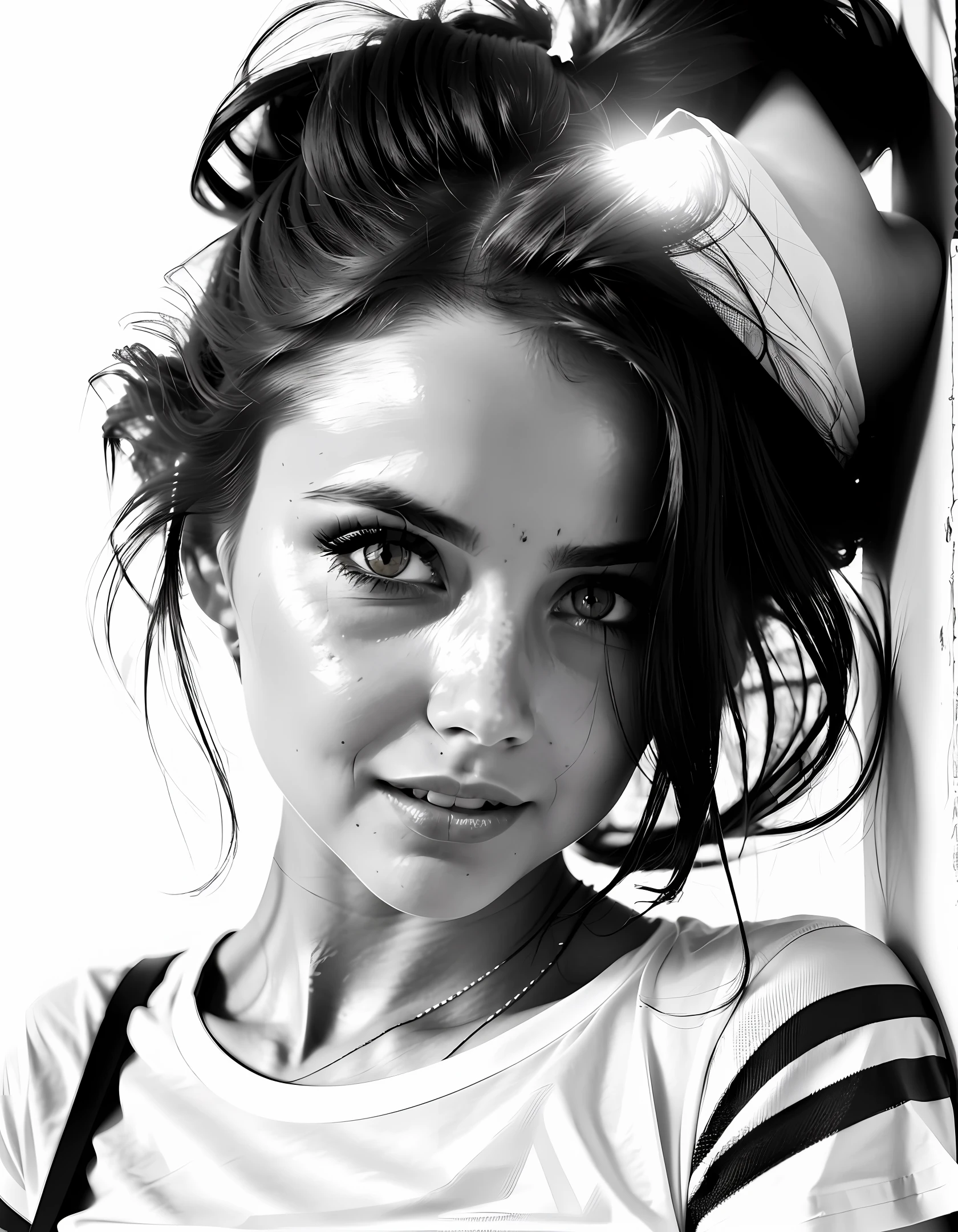 woman's face, design t-shirt, design,striking eyes sidelight, bright face, black and white, centralized, white background, cinematographic, Portrait shot, no mockup ar 2:3