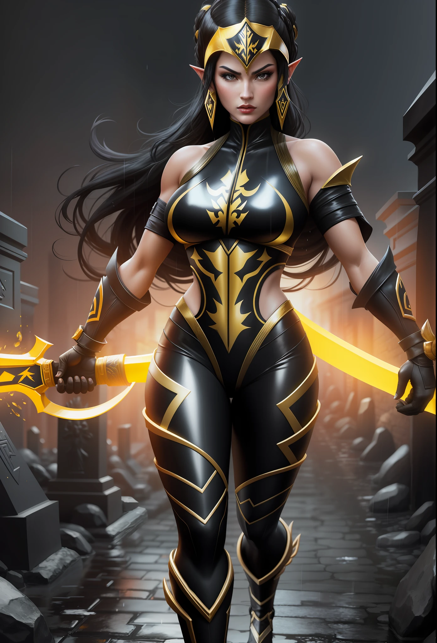 Mortal Kombat Scorpion, full body photo of character standing, black suit with design and accessories in golden yellow, ((Princess Zelda as Scorpion, keep the Scorpion suit in its original features)), straight posture, immensely large breasts to the extreme, ((she has black hair and blue eyes)), looking at the viewer with fury and anger, holding a Katana attached to a black chain, she is in a macabre cemetery raining, body and clothes all soaked with water. Realism, anime, Mortal Kombat, UHD, 16k, masterpiece, high detail, best quality, anatomically correct.