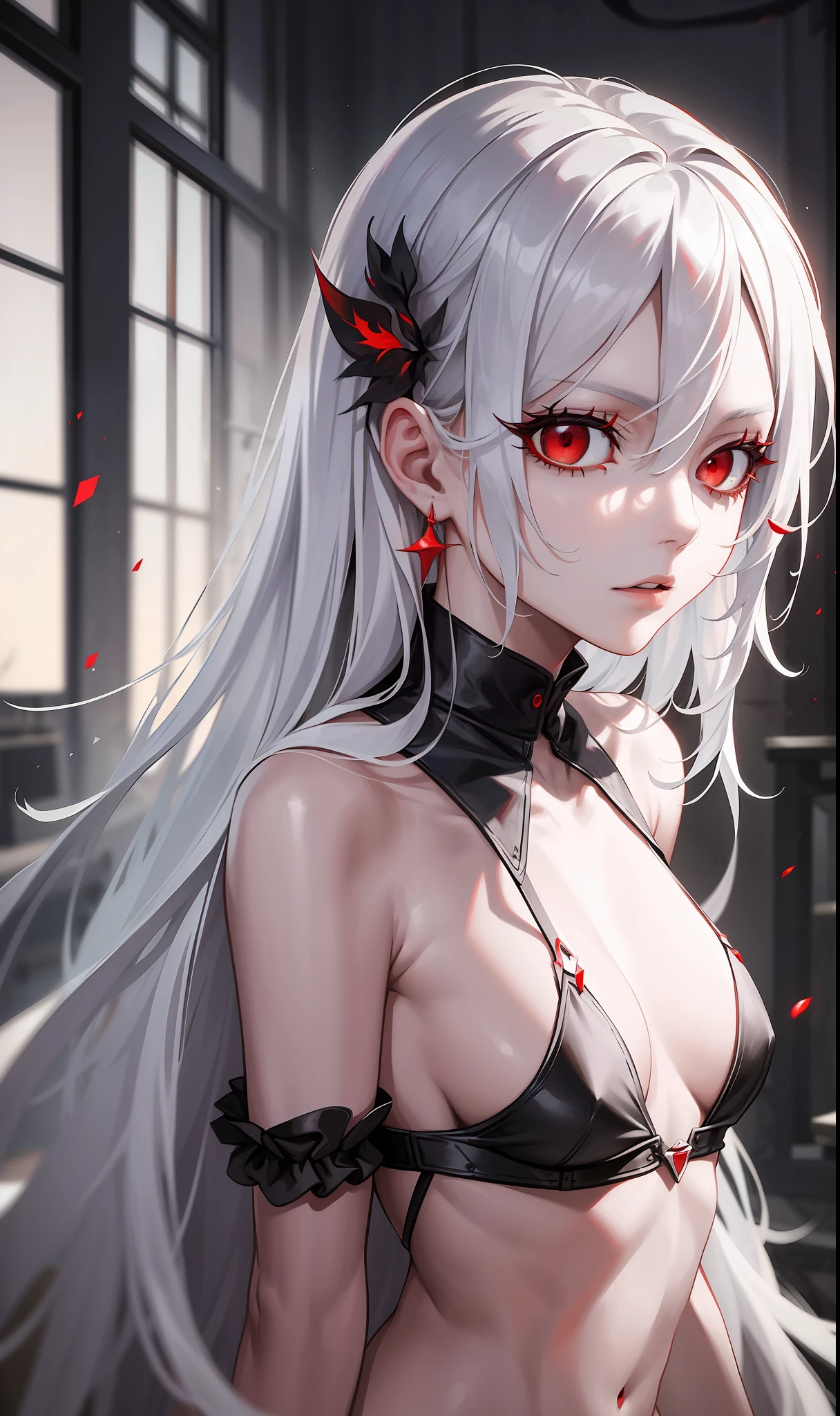 (masterpiece:1.15), work of art, best artist, best lighting, best performance, best desinger, best landscape and setting, (1girl) with (long) white hair, (red eyes:1.3), fair skin, wearing black coloured sticky clothes, in a laboratory setting with harsh linear lighting, (highly drawn eyes), (slim and outlined body) --v6