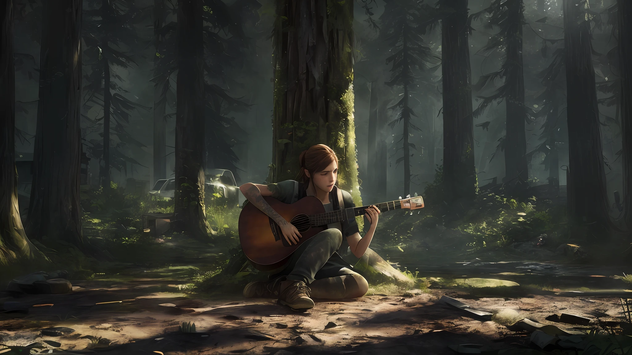 Há uma sentada em um toco de árvore tocando guitarra, Ellie de The Last of Us, The Last of Us, Last of Us, Ellie (Last of Us), In The Last of Us, Luscious ) em The Last of Us, Great Composition Cinematic, The Last of Us", Render Naughty Dog, The Last of Us Zombie, HQ 4K Wallpaper