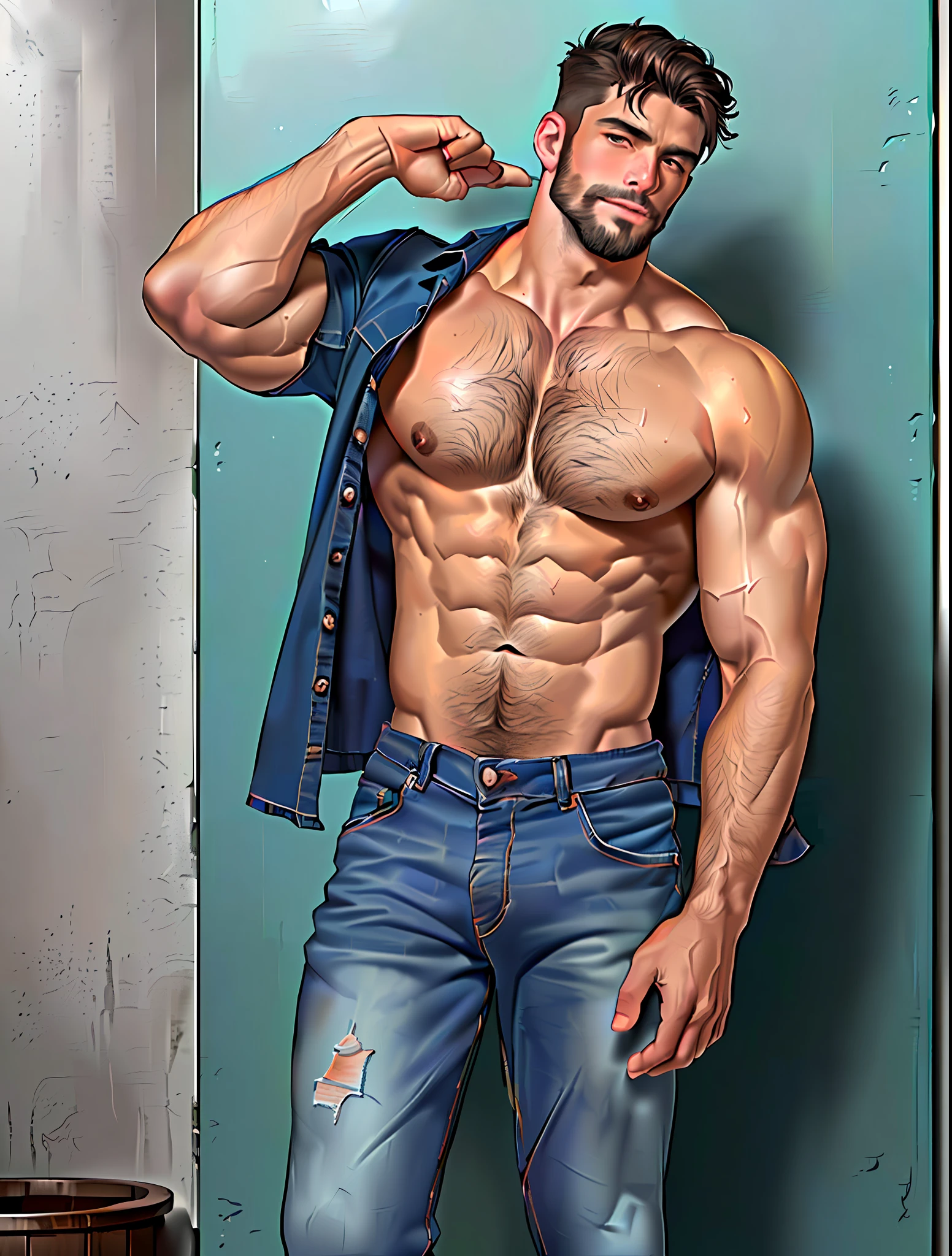 parameters: topless male, solo, (young), semi-realistic illustration of a lumberjack, dark skin, sweat, beard, body hair, small waist, broad shoulders, chisled jawline, asthetic muscular physique, open shirt, jeans, flannel shirt, huge crotch bulge, masculine, inside stable's, masterpiece, best quality, high-res, medium full-body shot, looking at viewer, by chunie and Taran Fiddler, naked, cowboy, full-quarter body shot,