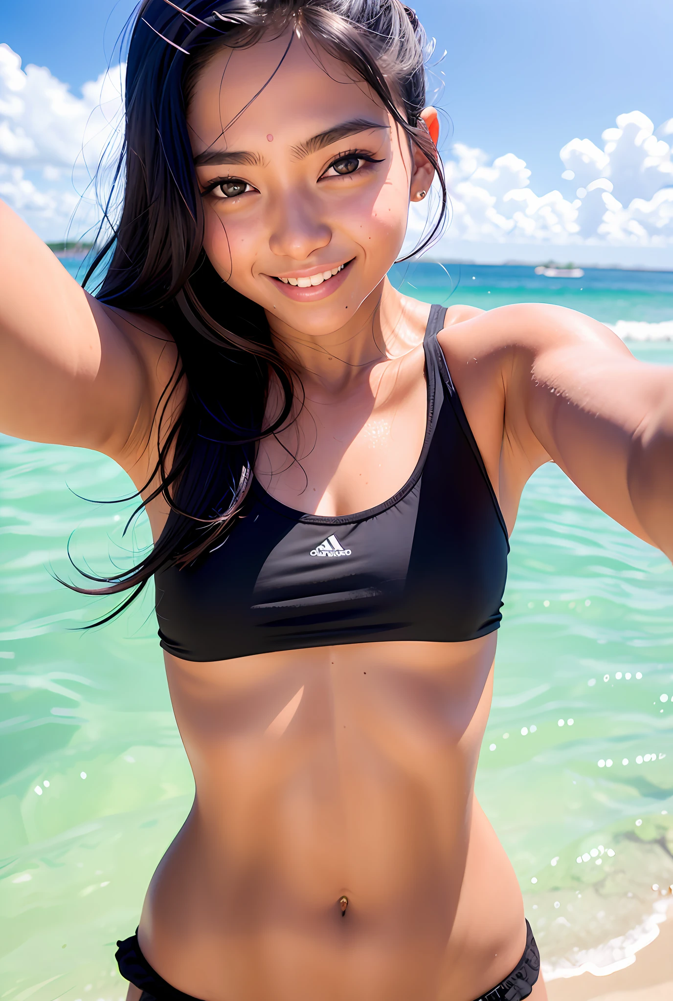 masterpiece, tanned skin, sweat, precise drawing, 8k, big eyes, long eyelashes, summer, looking here, smile, delicate, slim,skiny, skinny, thin, black hair, shot with slr, looking fun, tanned skin, cute, long eyelashes, slim, delicate, skinny, realistic, live-action, shot with slr, 8k, sweat, summer, realistic skin, big eyes, looking here, double, best quality, detailed eyes, cinematic lighting, black hair, beach, looking happy, smiling, selfie, armpit
