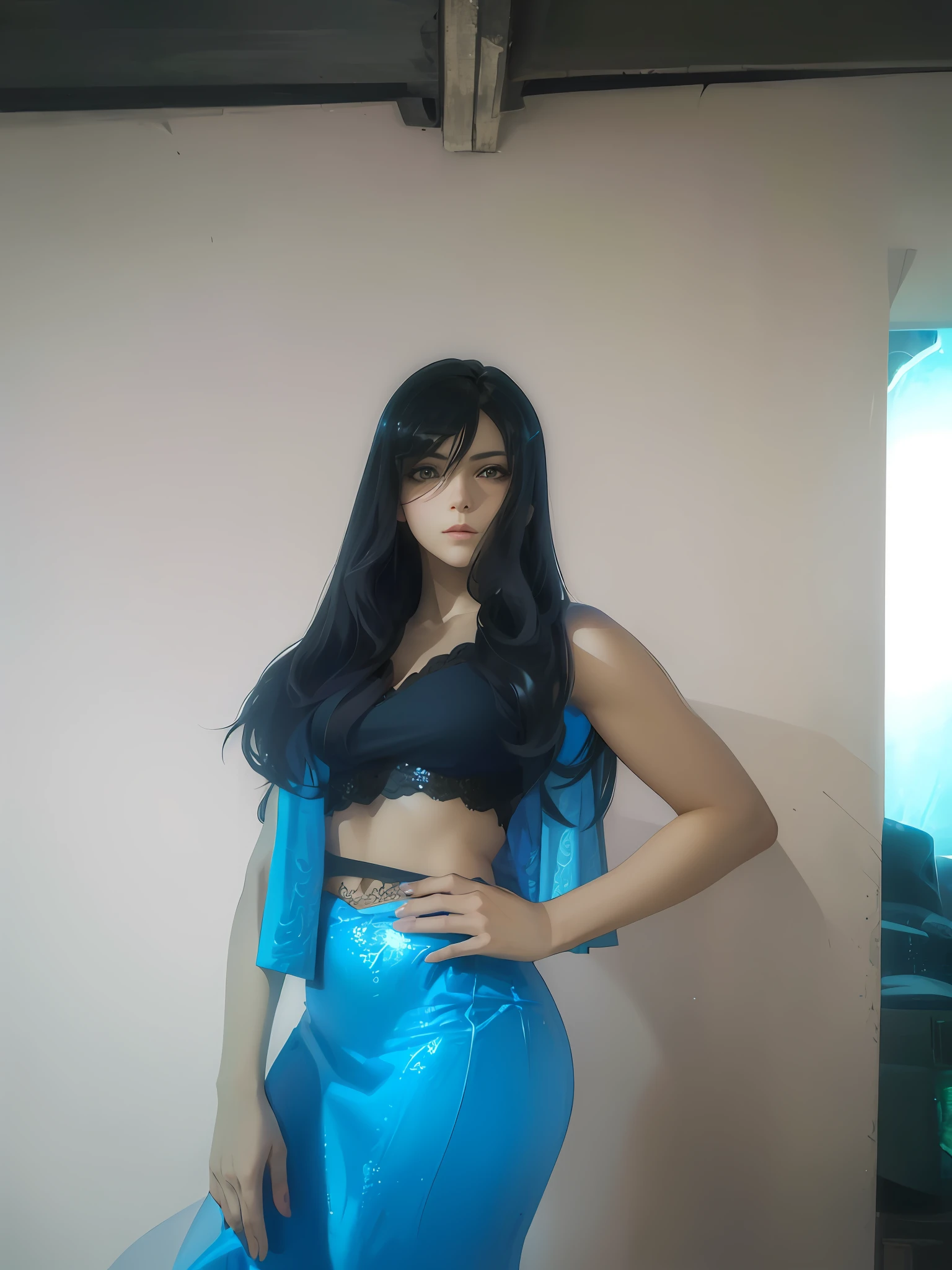 (photorealistic:1.4), (masterpiece, sidelighting, finely detailed beautiful eyes: 1.2), masterpiece*portrait, realistic, 3d face, glowing eyes, shiny hair, lustrous skin, solo, embarassed, (midriff),