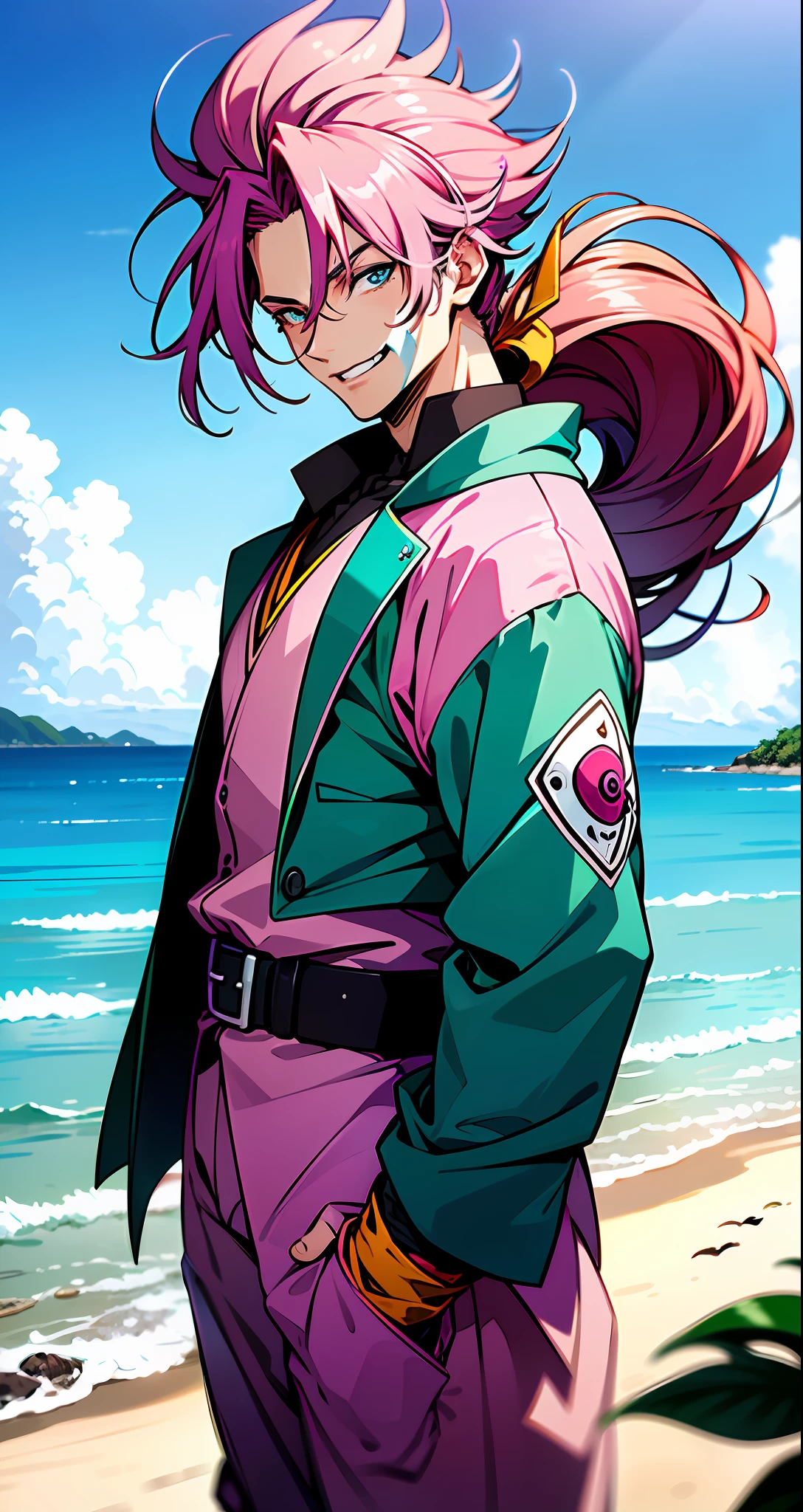 Patricio Estrella ((male character)) with long pink hair, standing against a vibrant ocean blue background. He is depicted as an anime character; His features are angular and detailed, his eyes large and expressive. He has a confident smile on his face, with a subtle hint of sweetness. She wears a bright green headband adorned with purple accents, a nod to her starfish origins. His thick masculine physique is accentuated by a fishing cap with green and purple trim, tied with a thick belt on his pink hips, which his attire reminds of Hawaiian clothing. ((The image is drawn in the style of Masashi Kishimoto)), with an emphasis on vibrant colors and intricate lines