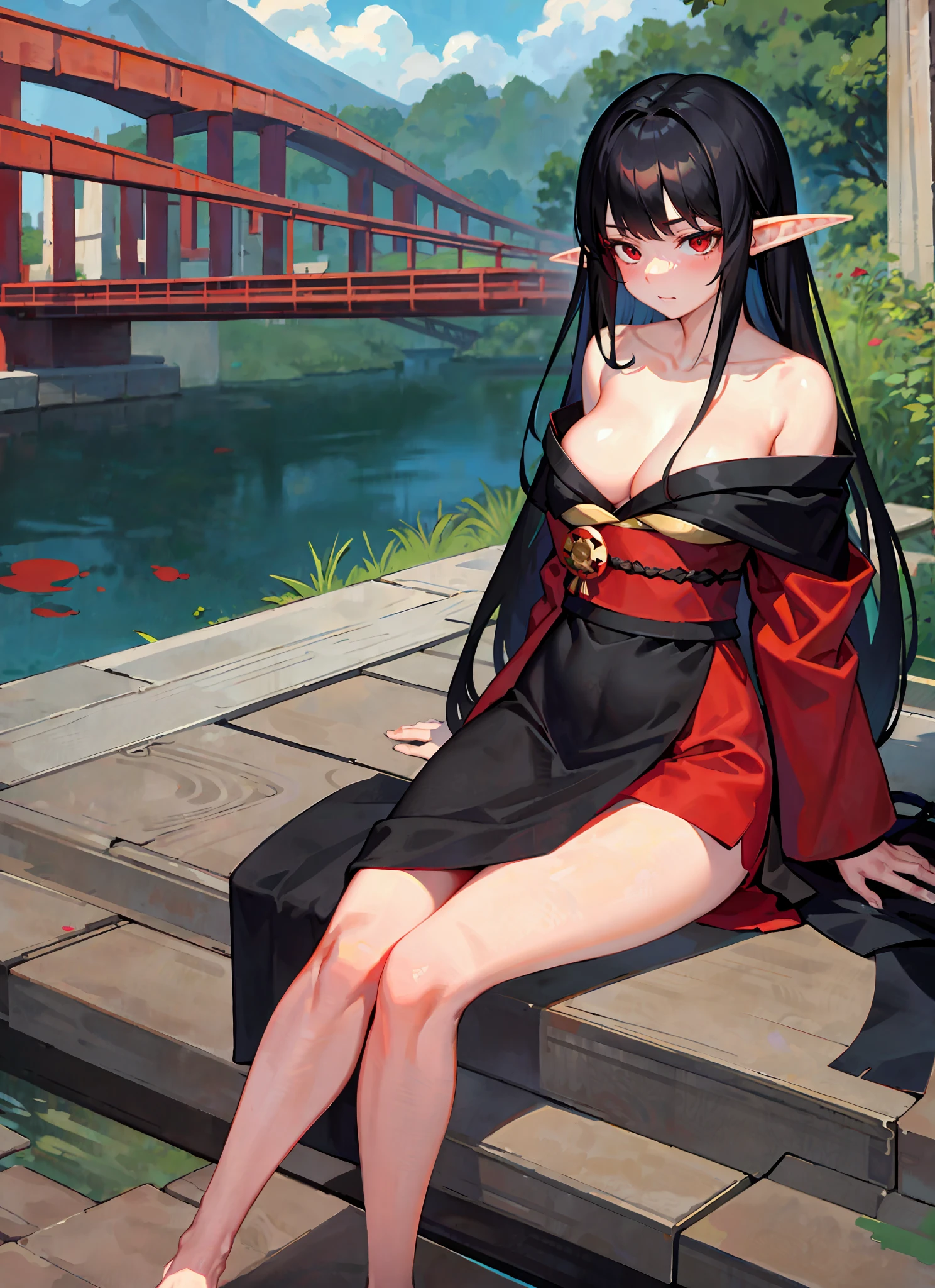 masterpiece, best quality, 1girl, red eyes, long hair, black hair, sitting, red kimono, medium breasts, topless, embarrassed, arms behind back, nature, bridge, breasts, elf,