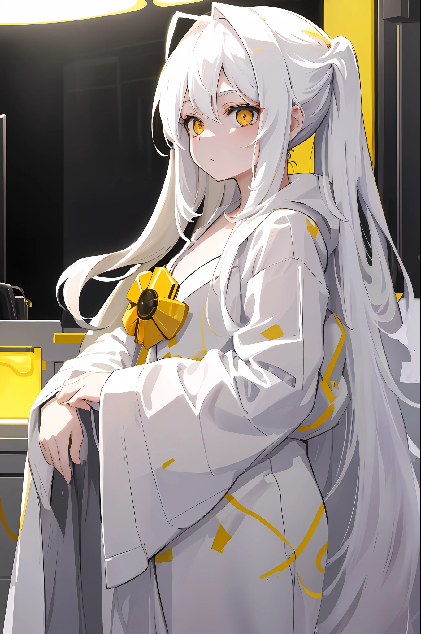 Masterpiece, work of art:1.5, a girl with straight eyes, long white hair, wearing a white bathrobe in the lab, on a white surface, with the yellowish lights highlighting the soft, pale face.