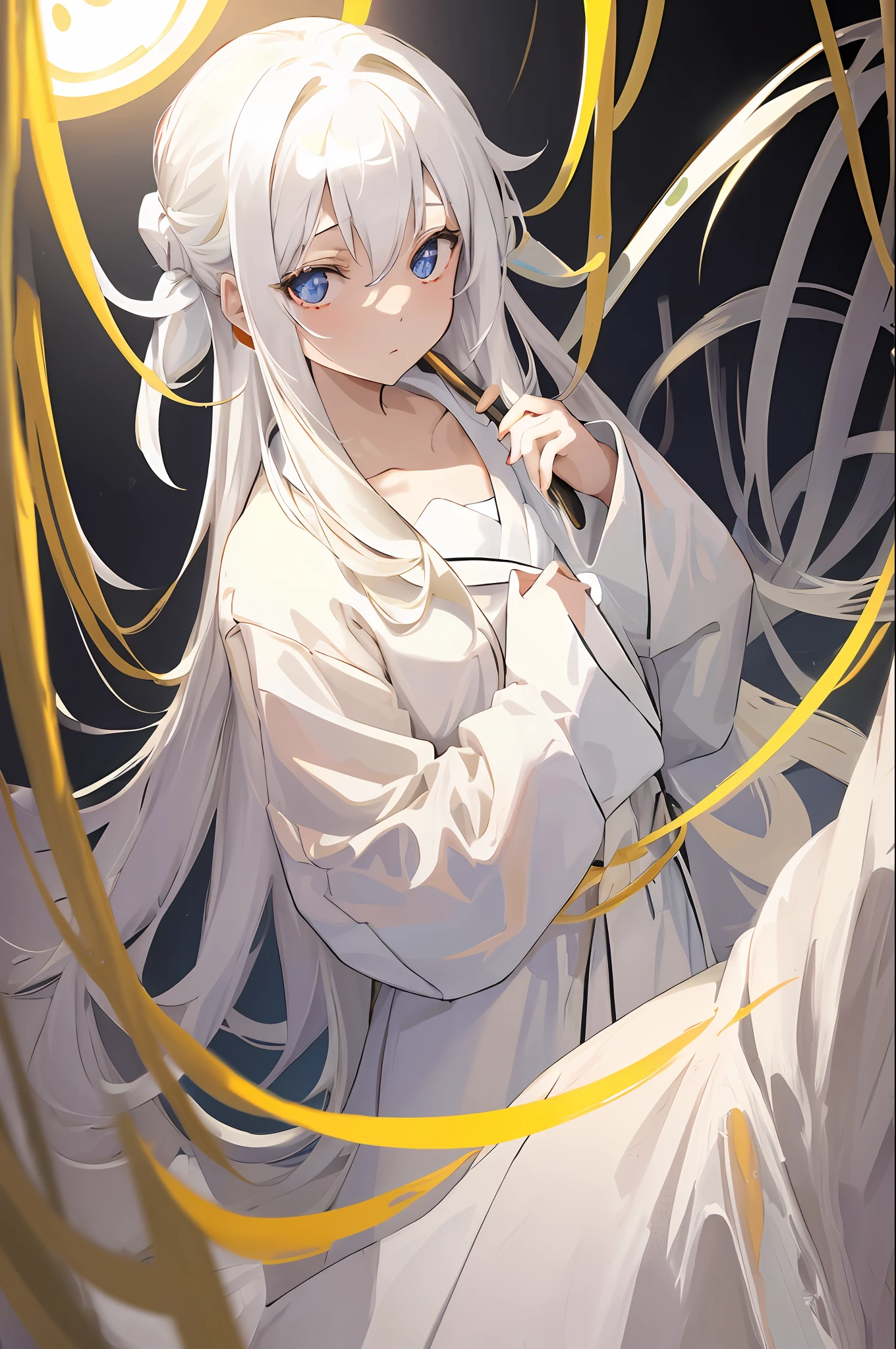 Masterpiece, work of art:1.5, a girl with straight eyes, long white hair, wearing a white bathrobe in the lab, on a white surface, with the yellowish lights highlighting the soft, pale face.