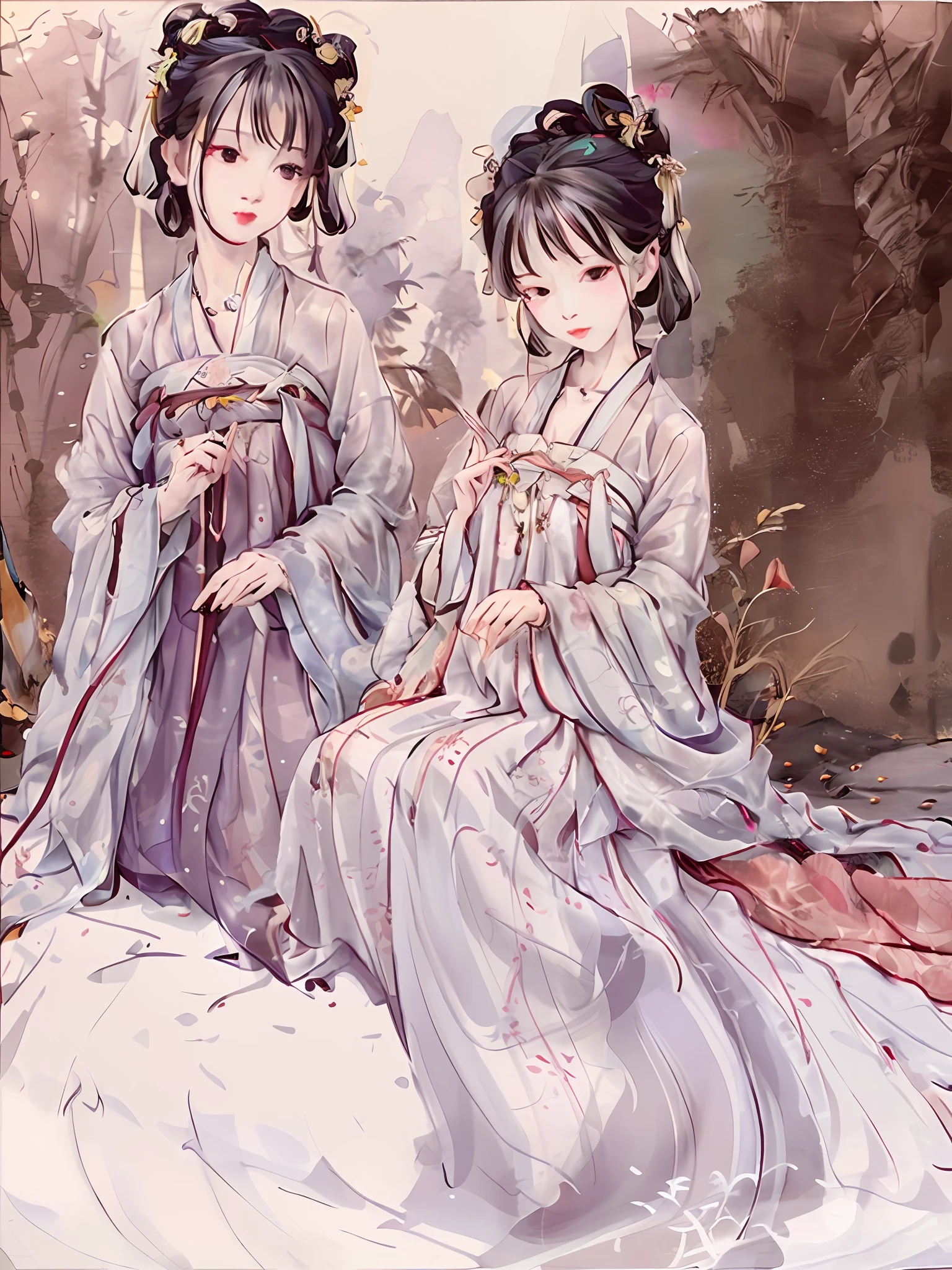 ((4k, masterpiece, top quality, high resolution)), shukezouma, traditional chinese ink painting, lotus, han cloth, tang style, upper shan, chest po skirt, chest pleated skirt, tang period, maxi kit, dress up one beautiful girl, perfect anatomy, solo, black hair, decoration, Beautiful Chinese traditional hair ornament, white, fish, lots of fish near the girl, looking at the viewer, teasing, oneshota, beautiful detailed background, standing,