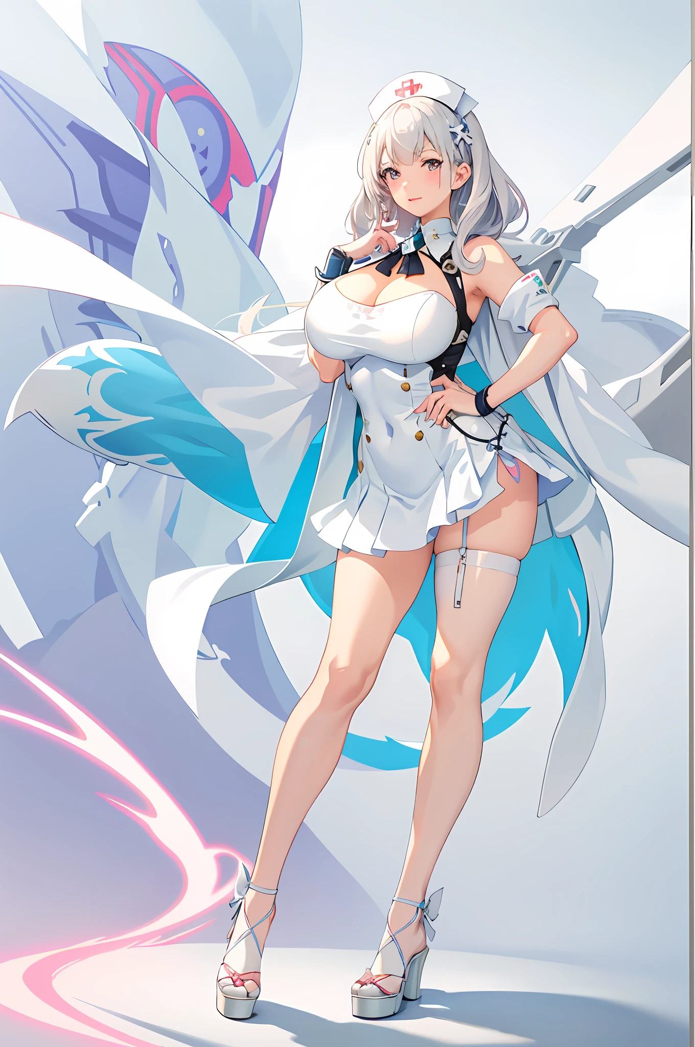 anime - style illustration of a woman in a short white dress, (sfw) safe for work, pixiv 3dcg, nurse girl, seductive anime girl, [ 4 k digital art ]!!, biomechanical oppai, at pixiv, oppai, thicc, azur lane style, marin kitagawa fanart, with a large breasts