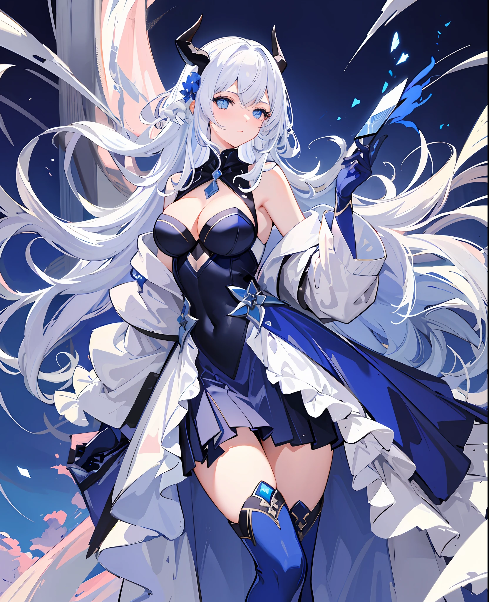 (a masterpiece), better quality, ultra-detailed details, tall and sexy woman, curled white hair, blue eyes, blue curved horns, wearing a gorgeous blue night blue dress, long blue gloves, blue demon tail, holding a pink flower, with an enveloping and exciting background, as if floating in the air.