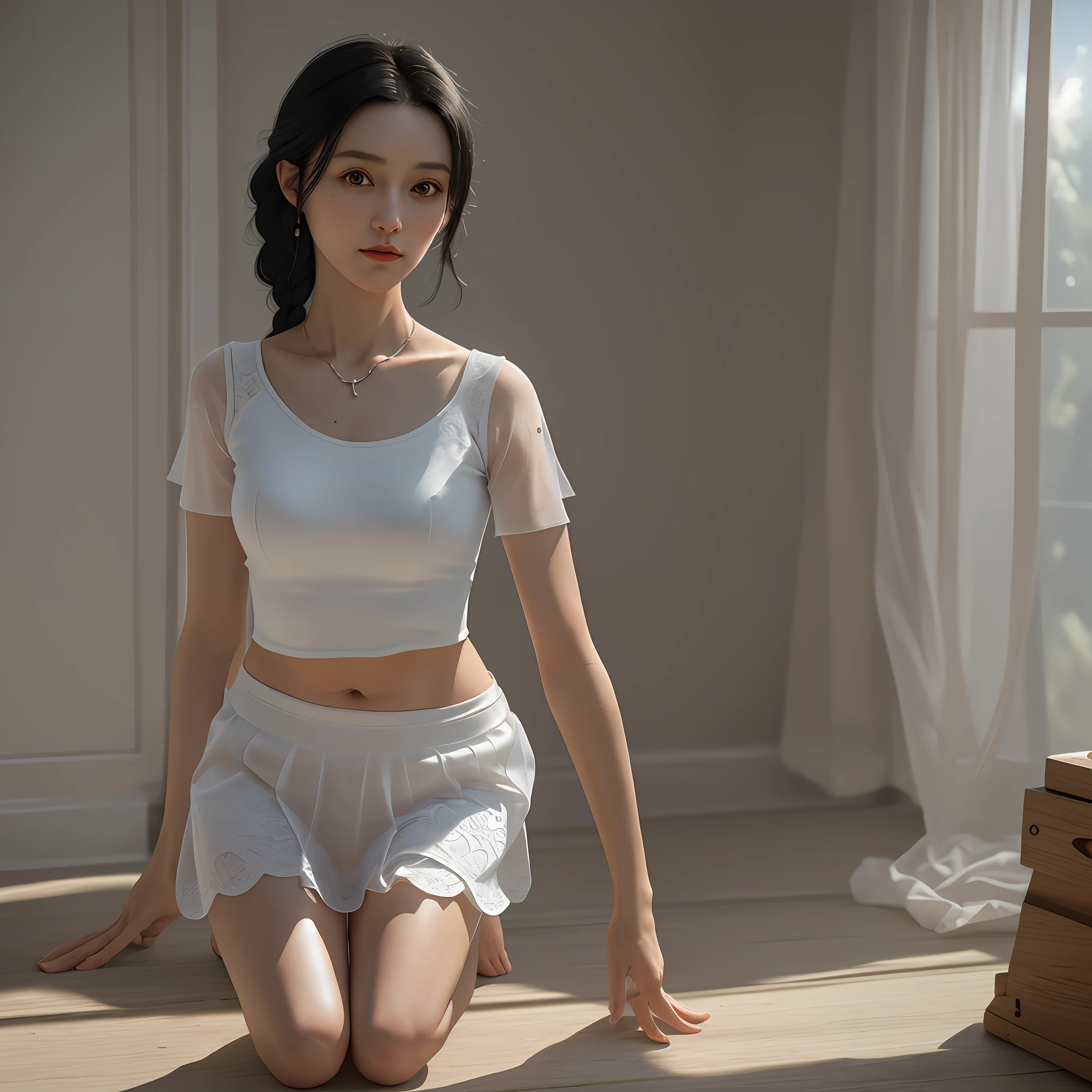 ((middle-aged woman)), (European), sexy, black hair, two braids, very thin, collarbone, belly button, round breasts, microskirt, cropped top, semi-transparent, arms behind the head, shy, ((looking at the viewer)), (kneeling: 1.4), (groin: 1.7), (groin: 1.5), Venus cleft, (cameltoe), natural light, extremely detailed, 8yk, raw photo, high level of detail, (ray tracing), (masterpiece), (best quality), high resolution, (realistic: 1.4), physically based  Illustration, ultra-realistic, full body