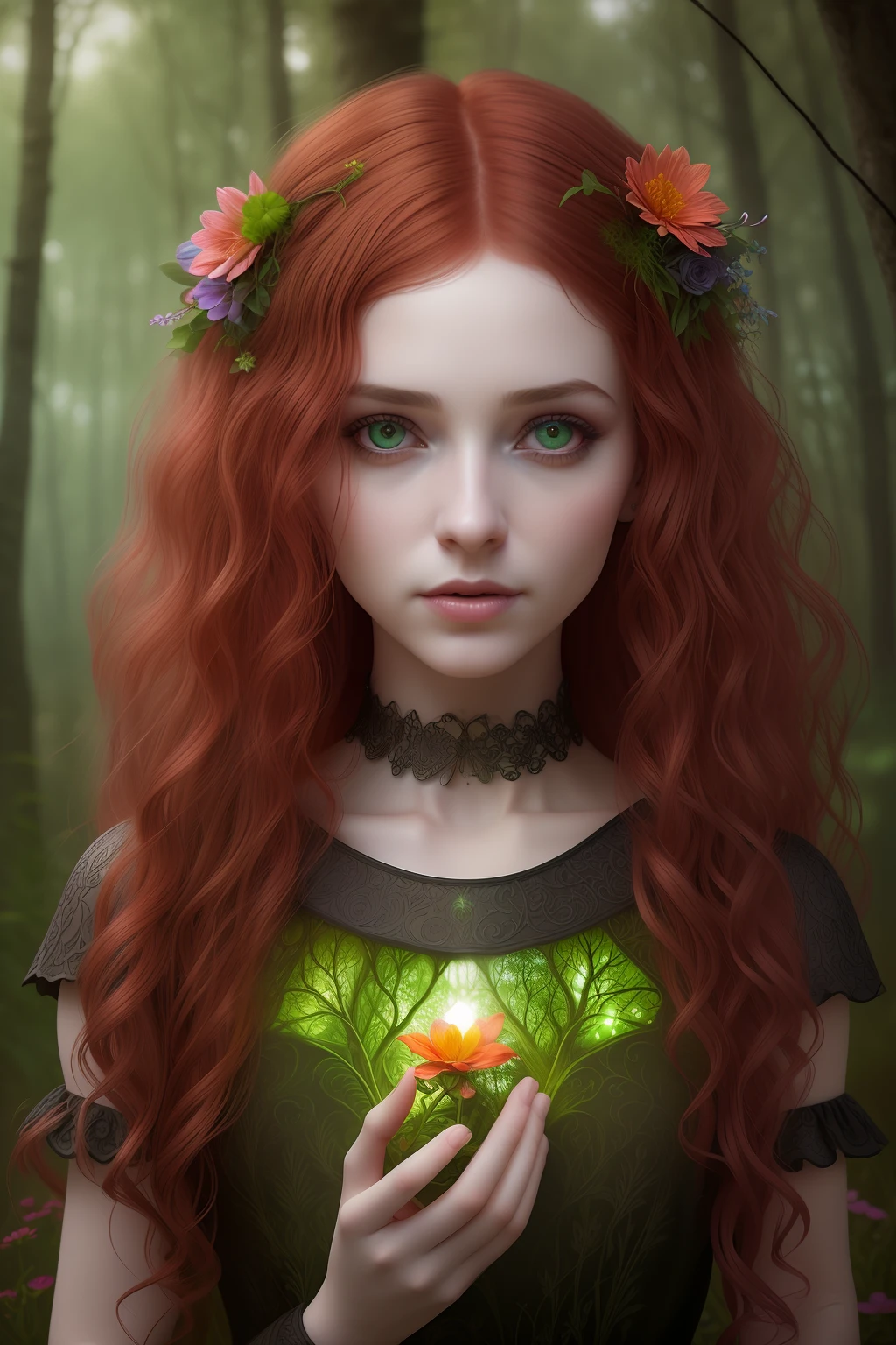 baby girl, (magic forest background), pale skin, delicate and pretty detailed face, long and curly blood-red hair, detailed and realistic bright green eyes, fairy and flowers, wild flowers blending into hair, medieval child red dress, full body, cover, choker, hyperdetailed painting, luminism, Bar lighting, complex, 4k resolution concept art portrait by Greg Rutkowski, Artgerm, WLOP, little fusion pojatti realistic goth, fractal isometrics details bioluminescens : a stunning realistic photograph