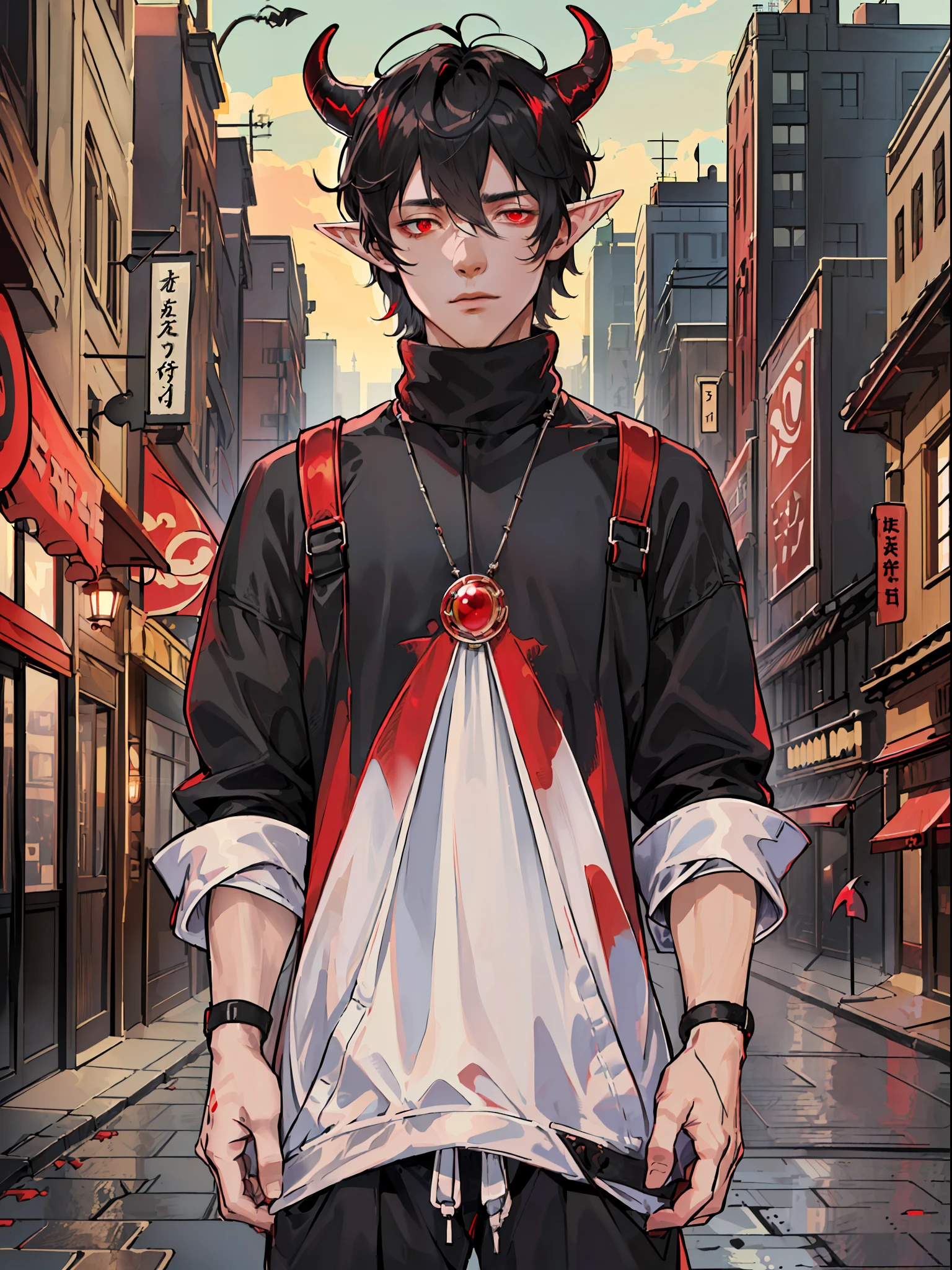 ((highest quality, masterpiece, 4k, finely detailed, detailed eyes, detailed face, intricate details, gelbooru, pixiv)), warm lighting, idol, ((solo)), 1 male, (handsome, masculine, adult man, broad shoulders, tall guy, thin body), ((black hair, messy hair, short hair, bangs)), light skin, sharp features, (elf ears), ((baggy clothes, oversized clothes)), ((demon horns color fading from black to red)), ((sharp eyes, red eye color, tired expression, looking at viewer)), dynamic pose, city background, night sky, moon night, ((turtleneck sweater, loose pants, oversized parka))