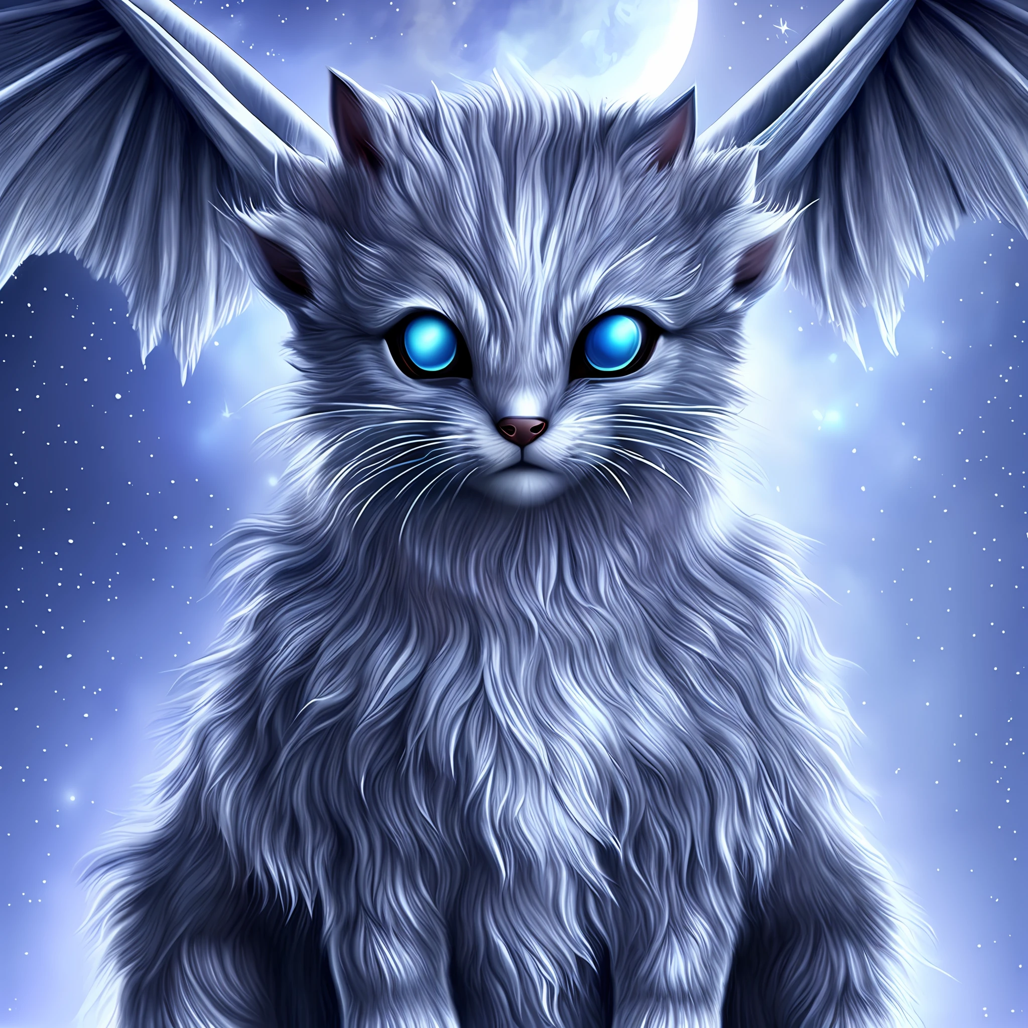 Cat cute, silver coat, abstract beauty, center, looking at the camera, approaching perfection, dynamic, moonlight, highly detailed, detailed paws, detailed muzzle, detailed coat, fold, dragon wings