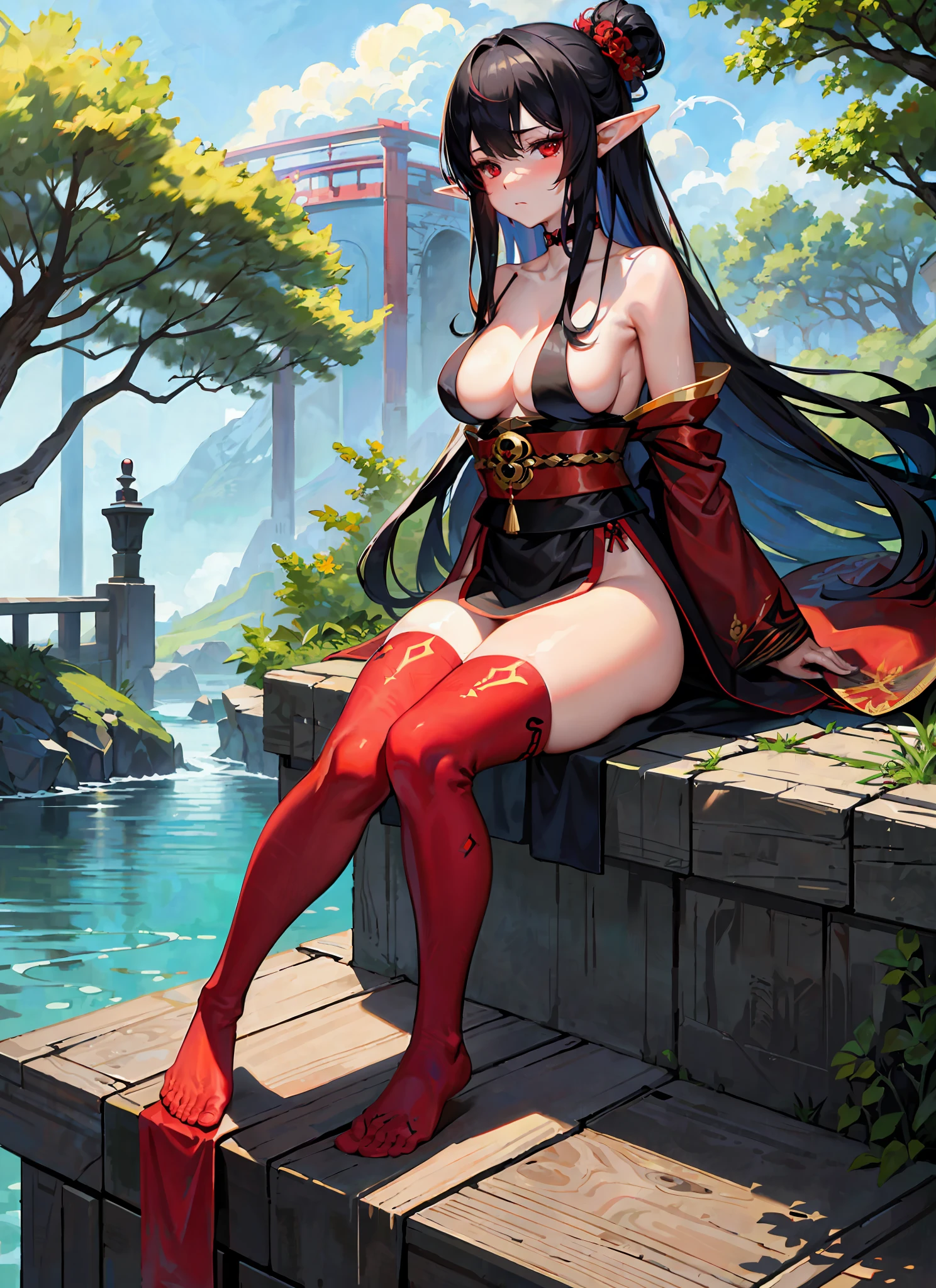 masterpiece, best quality, 1girl, red eyes, long hair, black hair, sitting, red kimono, medium breasts, topless, embarrassed, arms behind back, nature, bridge, breasts, elf,