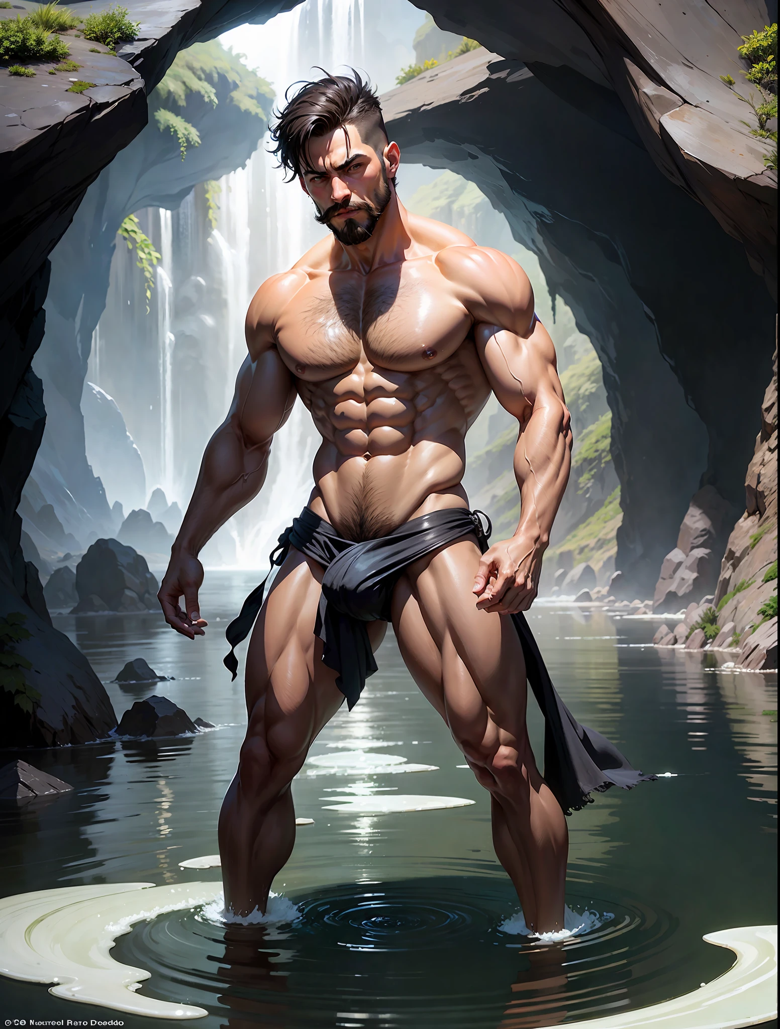 ((official art)), ((concept art)), 1man, naked masculine 1man, dark short hair, muscular, splashing water effect, reflection, cheraschoro, crotch bulge, mustache, (hairy body:1.2), erotica, masculinity, strength, inside a cave, masculine pose, very small string loincloth, legs spread, washing, Eldorodo, magic,