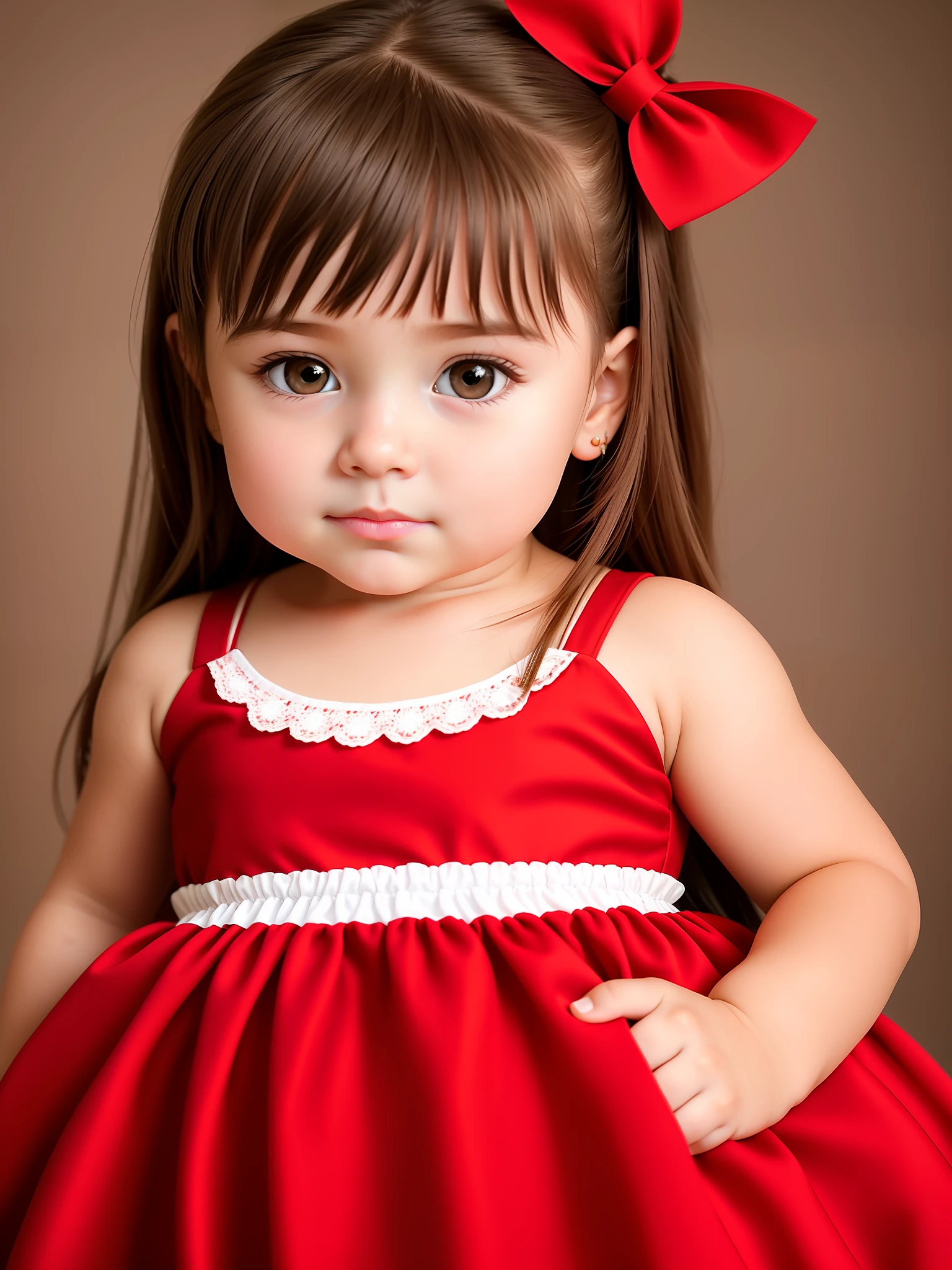 Baby with 12 months of life, brown hair, fair skin, realistic, with long hair stuck in a red bow, light brown eyes, red dress, 8k image, realistic human skin, real child image, drinks alone