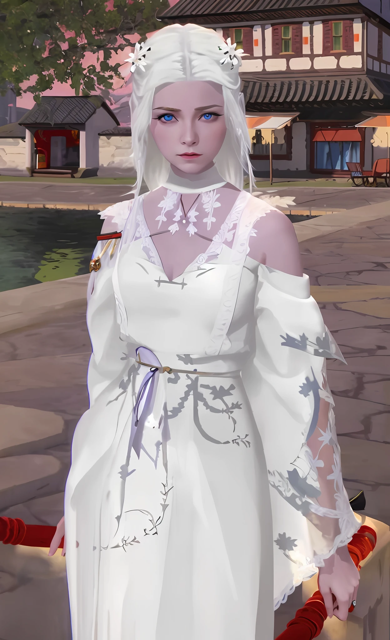 The woman has blue eyes and holds white daggers