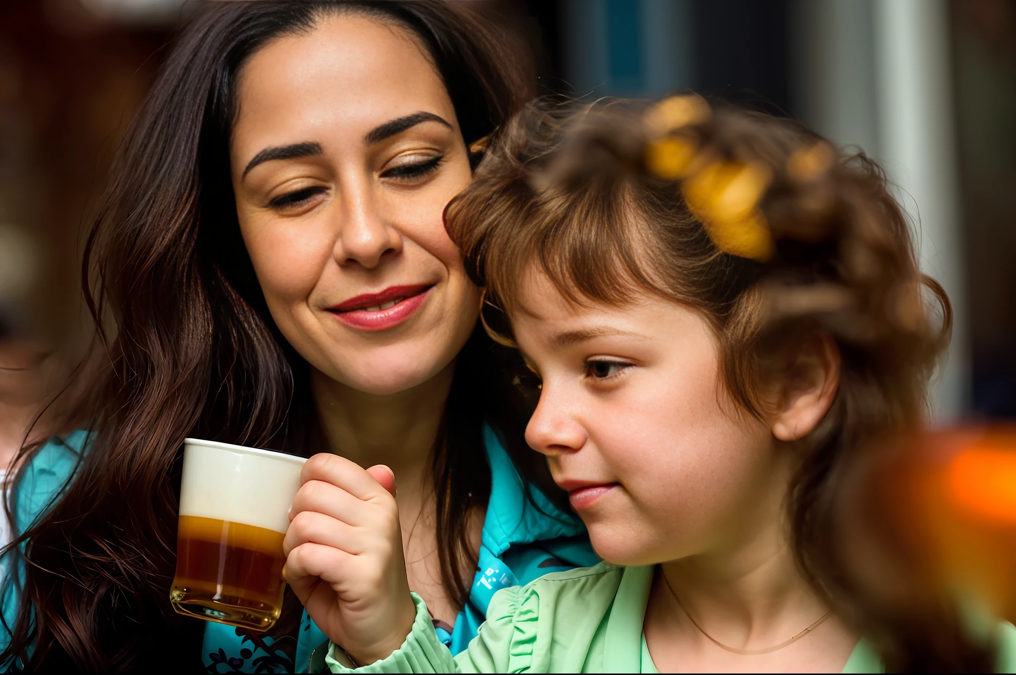 there is a woman holding a cup of beer with a , crisp detail, wonderful scene, woman drinking coffee, having a good time, malika favre, photo still, powerful detail, production still, intense detail, valentina remenar, adult, closeup photo, beer, candid portrait, by Steven Belledin, complex scene, family, outstanding detail