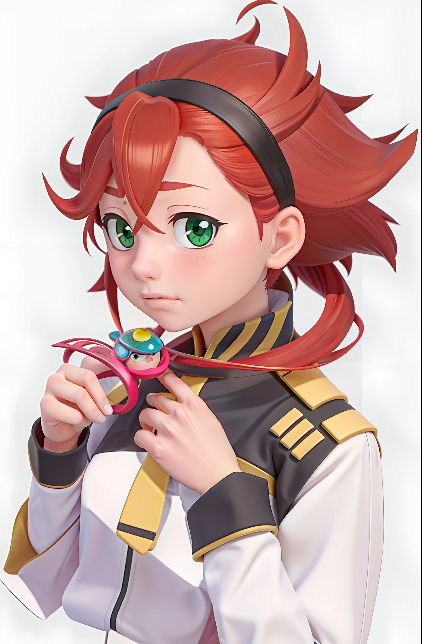 Close up portrait of a person with red hair and tie, female protagonist, female anime character, detailed anime character art, anime character art, high quality anime art style, cute girl anime visual, portrait zodiac girl knight, high image quality, beautiful eyes, frustrated expression, pouting, drooping eyes, double eyelids, green eyes, maro, contrast intensified, lowered eyebrows,
