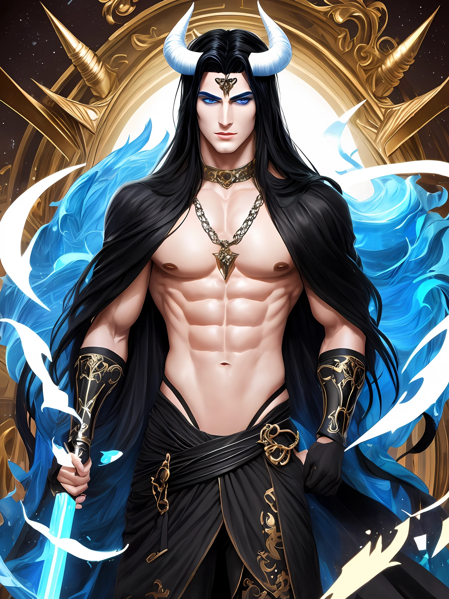((Best Quality, 8K, Masterpiece: 1.3)), A seductive and virile figure of Hades, with ((perfect blue eyes: 1.3)), long black hair, white skin and a perfect face, ((his black horns a sign of his power: 1.3)), stands tall with a perfect body and body proportions, Holding a bident, all rendered in a unique and creative style, all rendered in a detailed, high-quality style.