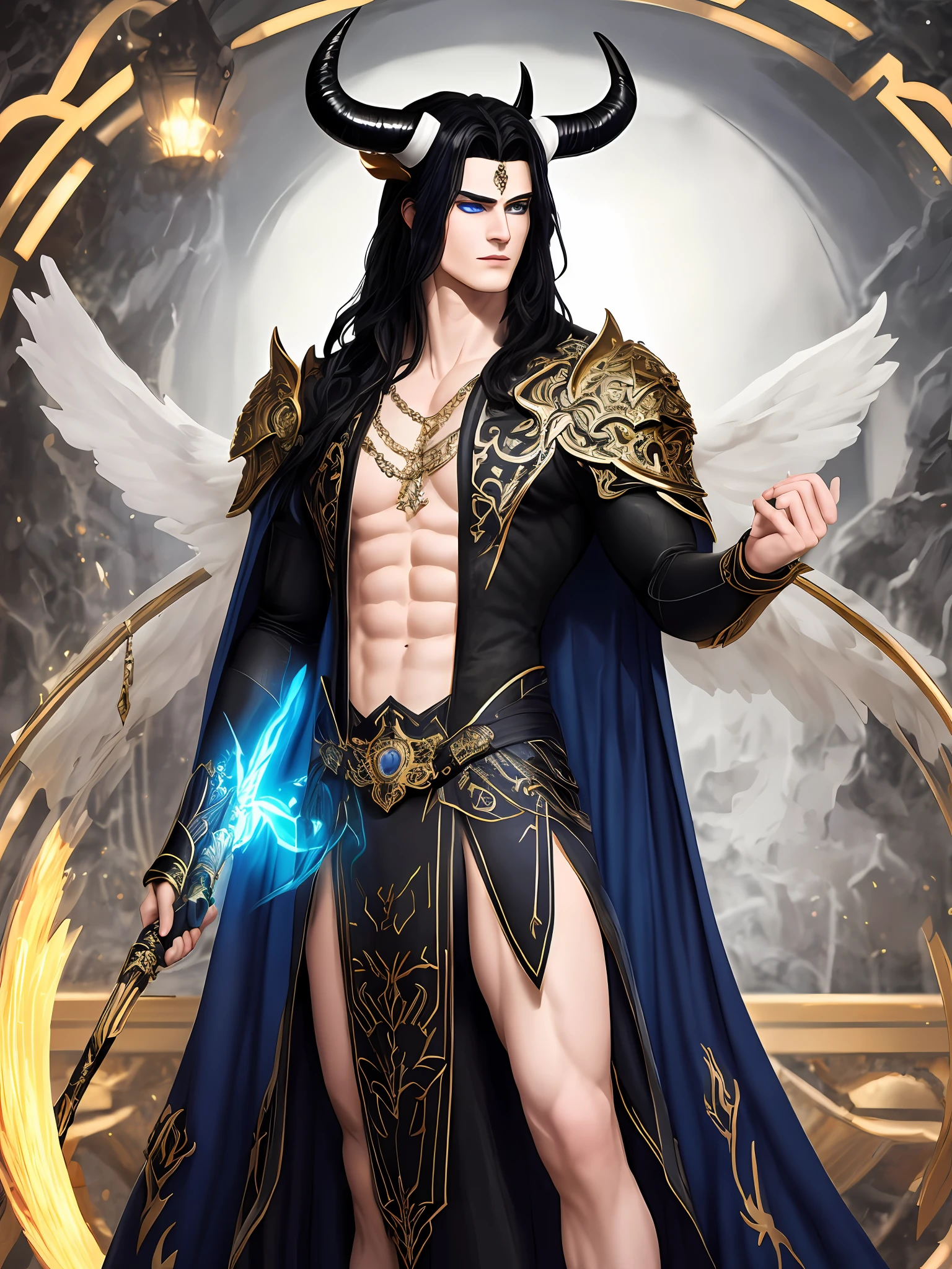 ((Best Quality, 8K, Masterpiece: 1.3)), A seductive and virile figure of Hades, with ((perfect blue eyes: 1.3)), long black hair, white skin and a perfect face, ((his black horns a sign of his power: 1.3)), stands tall with a perfect body and body proportions, Holding a bident, all rendered in a unique and creative style, all rendered in a detailed, high-quality style.