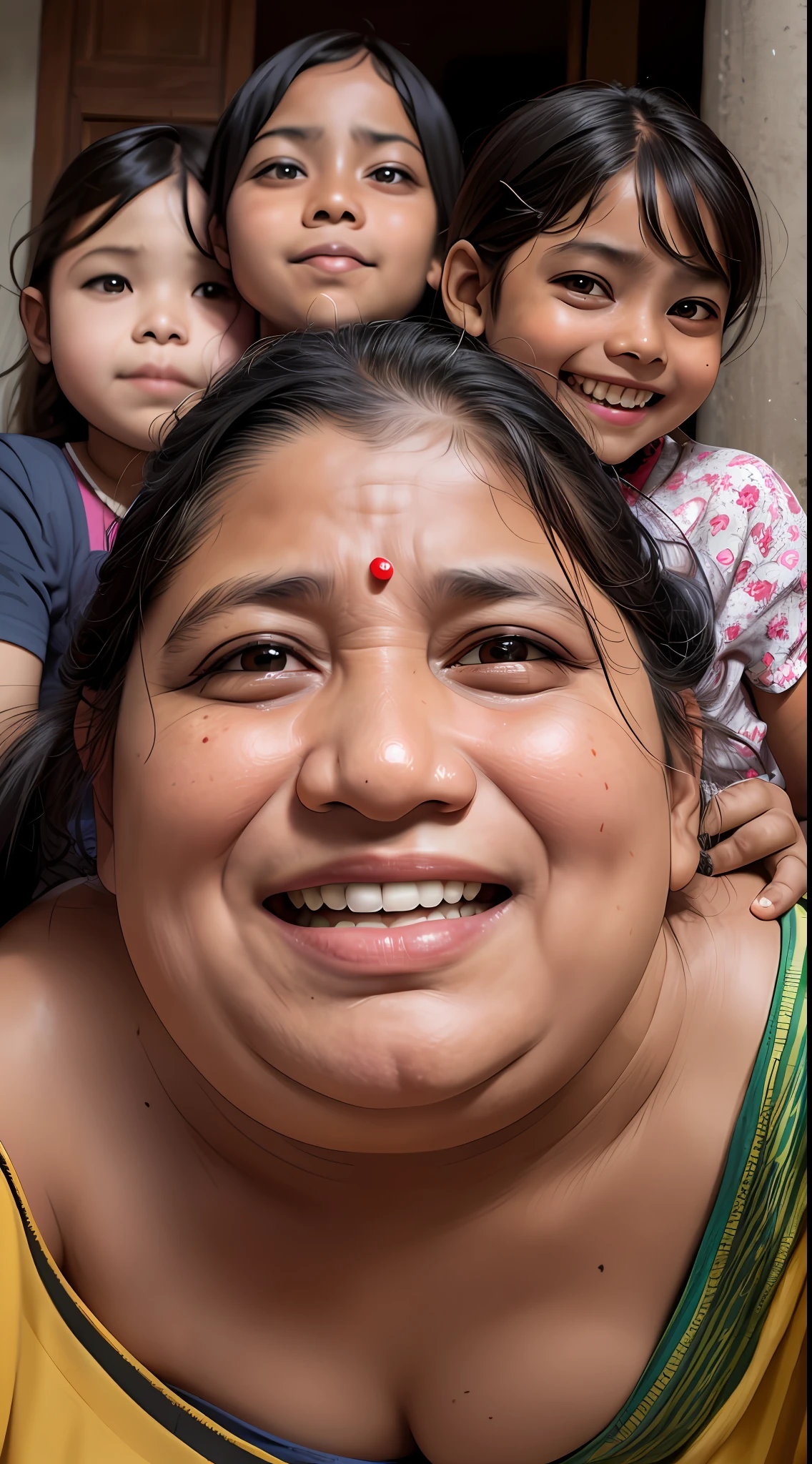 Ugly woman horrible face very fat 35 years old Indian,with several small children wrapped smiling ,5 children