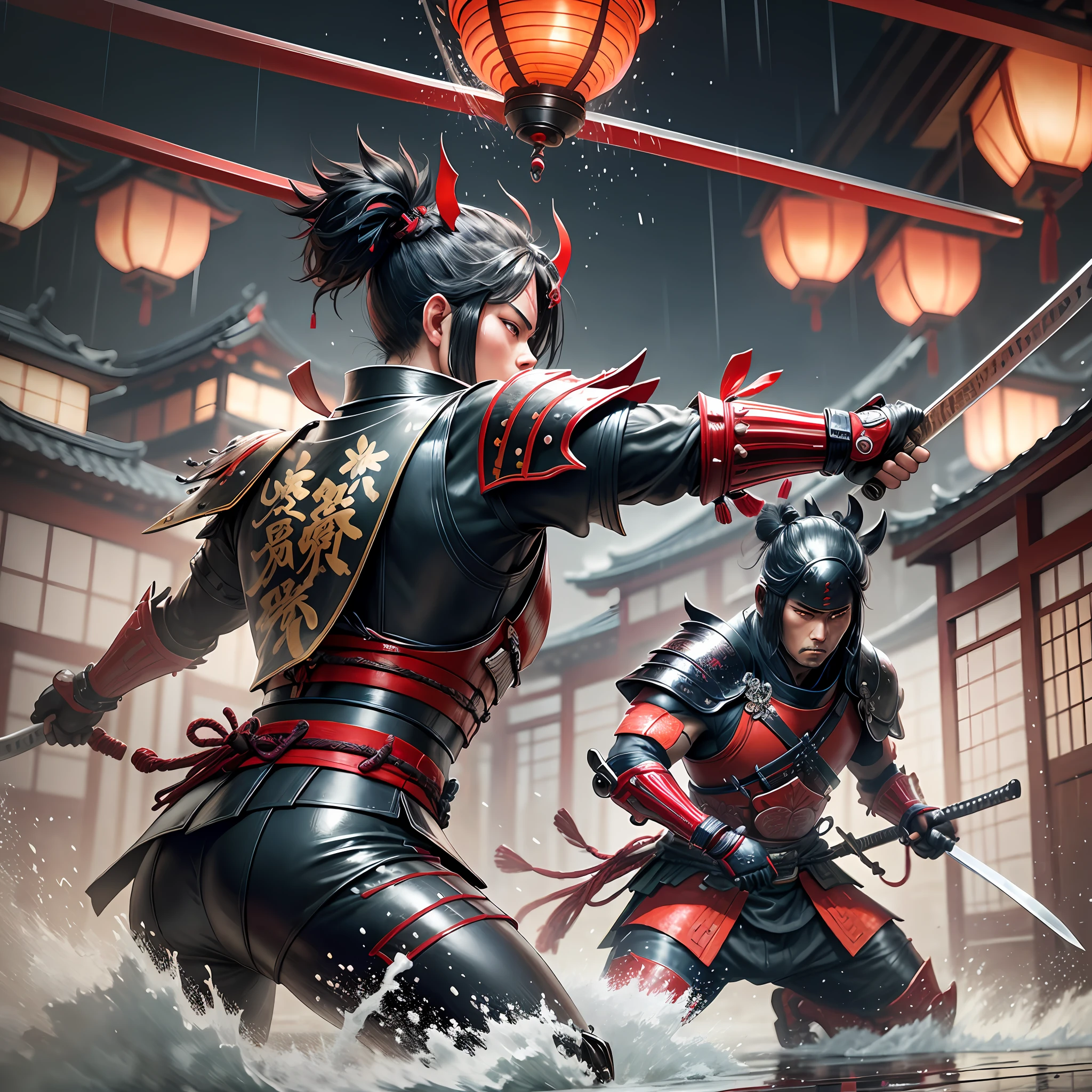 image of Samurai fighting in the rain in a Japanese temple, black and red armor gleaming, determined and energetic, holding curved swords, drips of water flying in the air, lantern lights shining softly in the night.
