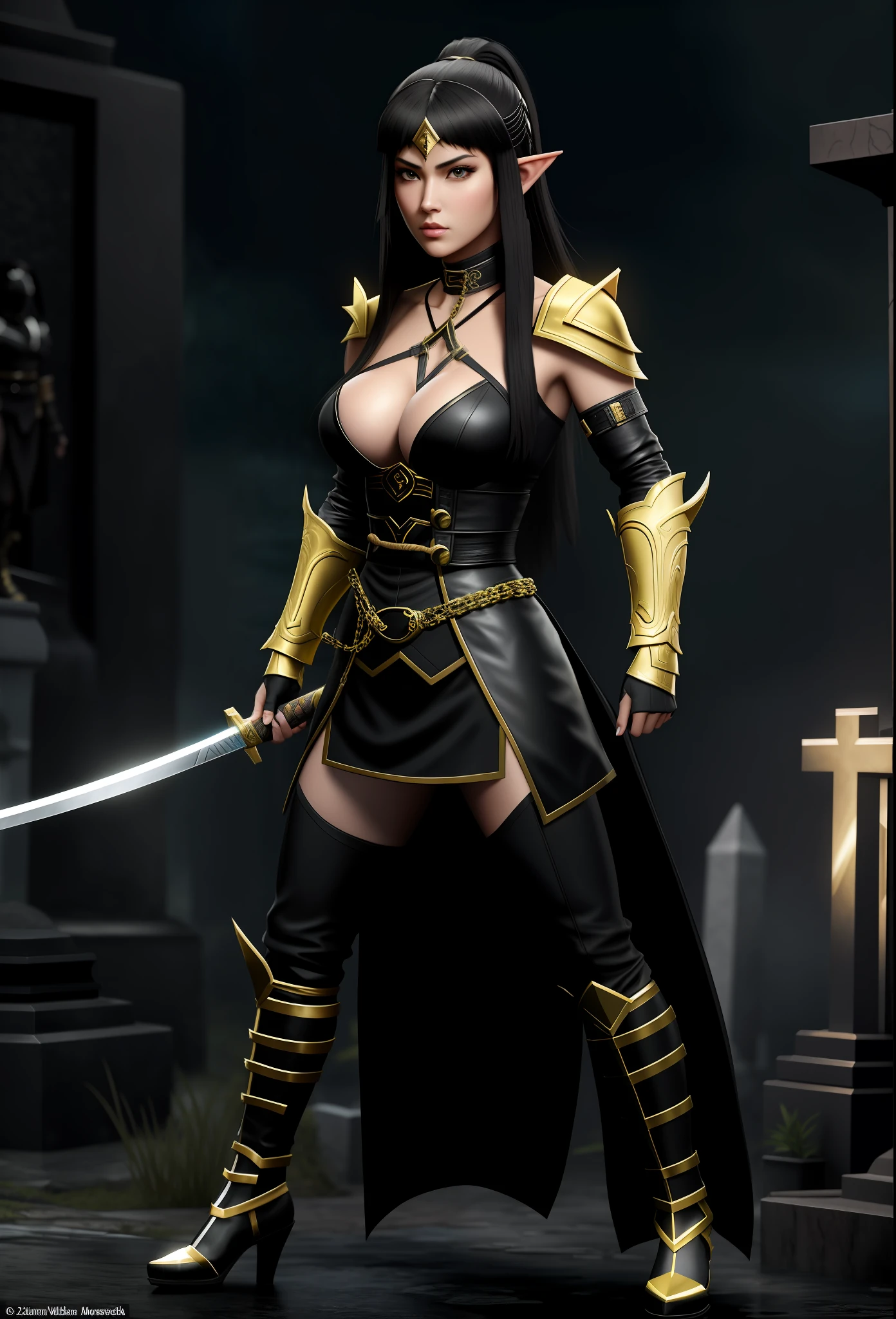 Mortal Kombat, create a full-body image of a character standing. Princess Zelda wearing the outfit of Scorpion from the Mortal Kombat game. Keep the original features of the outfit and add black with gold adornments and items. Her breasts are exaggeratedly large. She has long straight black hair and light blue eyes. She should be looking at the viewer with a furious expression, closed mouth. She should be holding a katana that is attached to a black steel chain. She is in a macabre cemetery with heavy rain, her clothes and hair are soaked with water. Realism, Anime style, Mortal Kombat, UHD, 16k, masterpiece, high detail, best quality, anatomically correct.