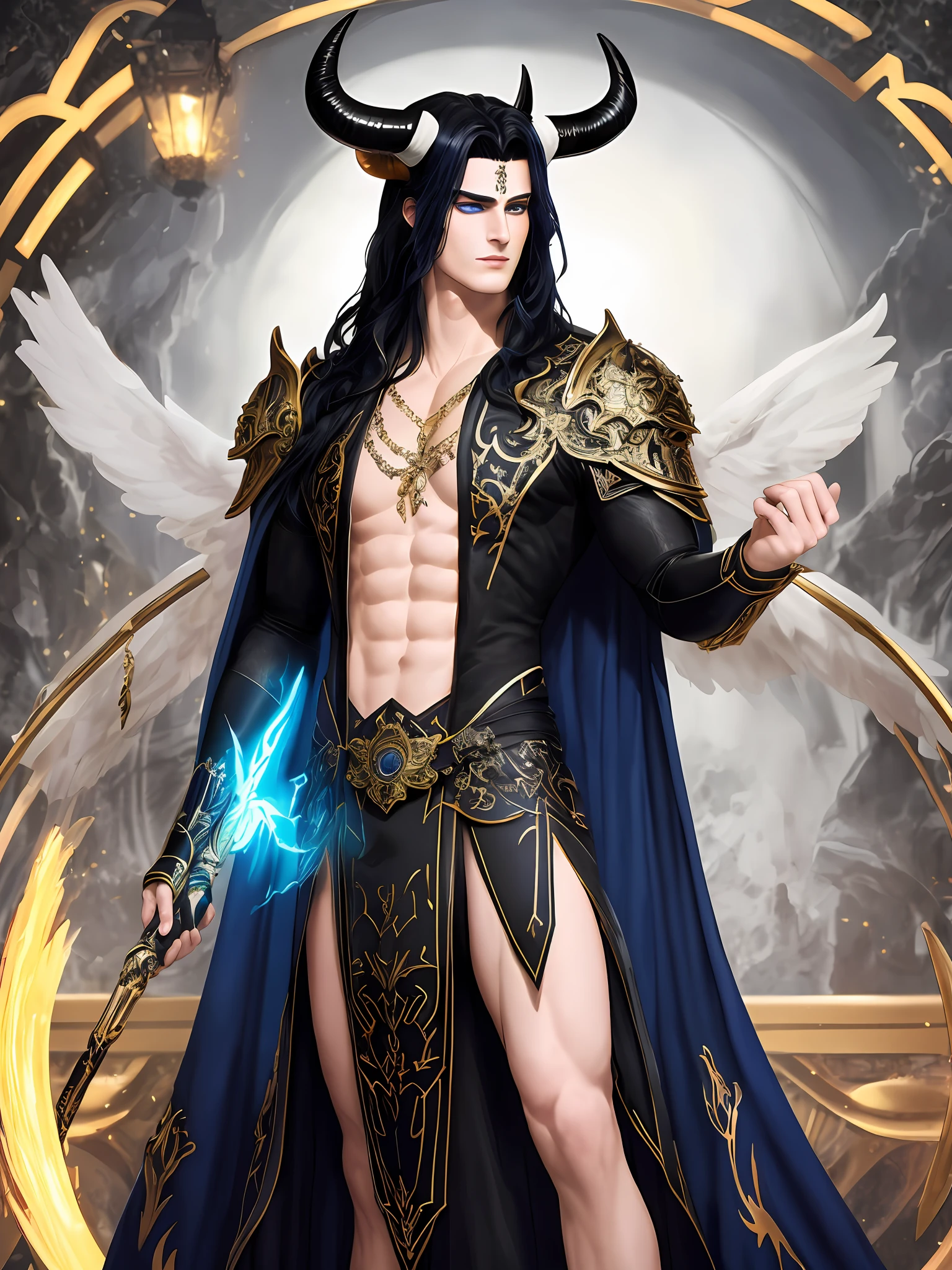 ((Best Quality, 8K, Masterpiece: 1.3)), A seductive and virile figure of Hades, with ((perfect blue eyes: 1.3)), long black hair, white skin and a perfect face, ((his black horns a sign of his power: 1.3)), stands tall with a perfect body and body proportions, Holding a bident, all rendered in a unique and creative style, all rendered in a detailed, high-quality style.