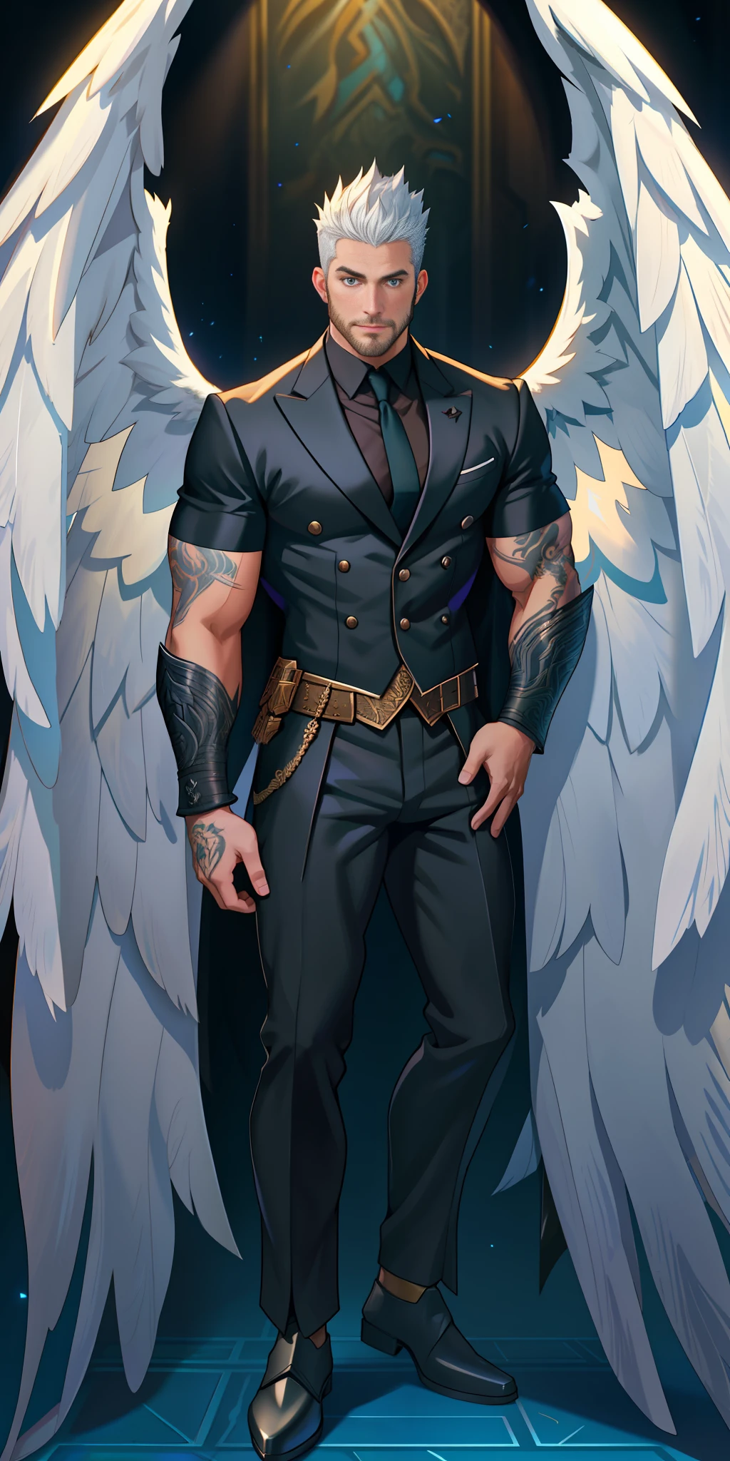 An extremely detailed black muscular angel (D&D-style:1.2), full-body view, black wings spread wide, black feathers catching the light, dressed in a (black armor: 1.4), showing off an impressive arm tattoo, silver hair, very short spiked hair, 1boy, eye focus, detailed face, masterpiece, (D&D character card: 1.3), (white male: 1.1), (short stubble: 1.1), delicate lighting, cinematic lighting, royal house background,