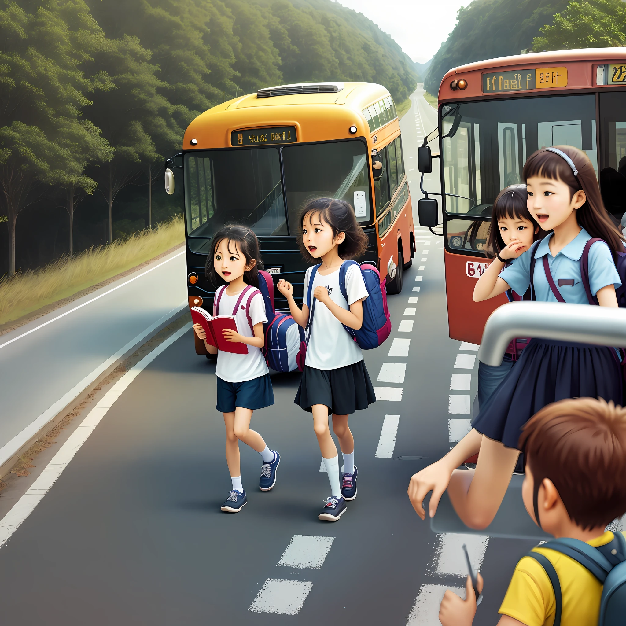 create book cover of road to trip with bus and kids