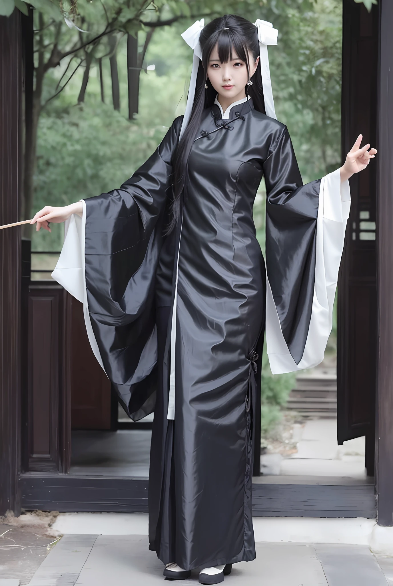 Woman in black dress standing in front of the door, Hanfu, dressed in ancient Chinese costume, court, Hanfu girl, wearing ancient Chinese costume, classical robe, traditional Chinese costume, inspired by Gu'an, classical witch robe, white Hanfu, wearing luxurious silk cloak, Guo Hua style, traditional Han costume