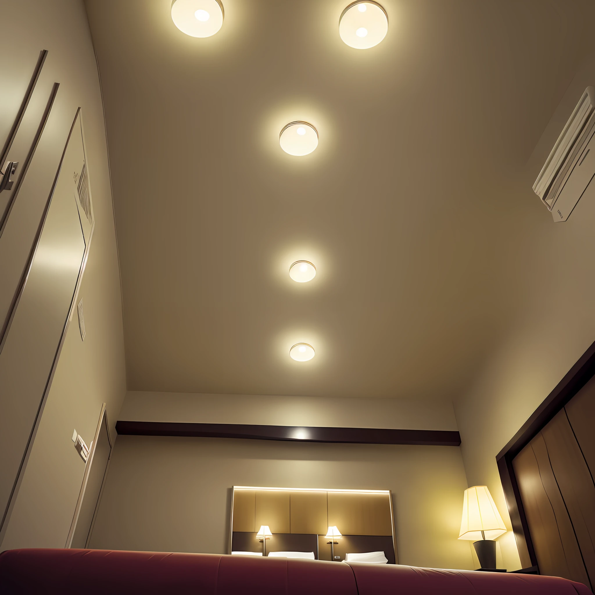 High quality image of the interior of a hotel room at night seen from below