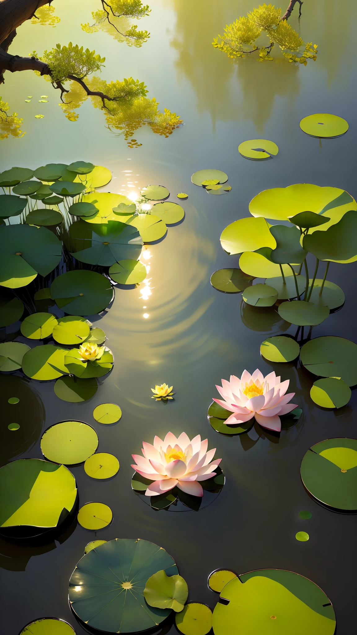 Masterpiece, exquisite, beautiful scenery deep in the lotus pond, (colourful, vivid, sunny, cool light: 1.2) lotus leaves in the pond. high quality high quality