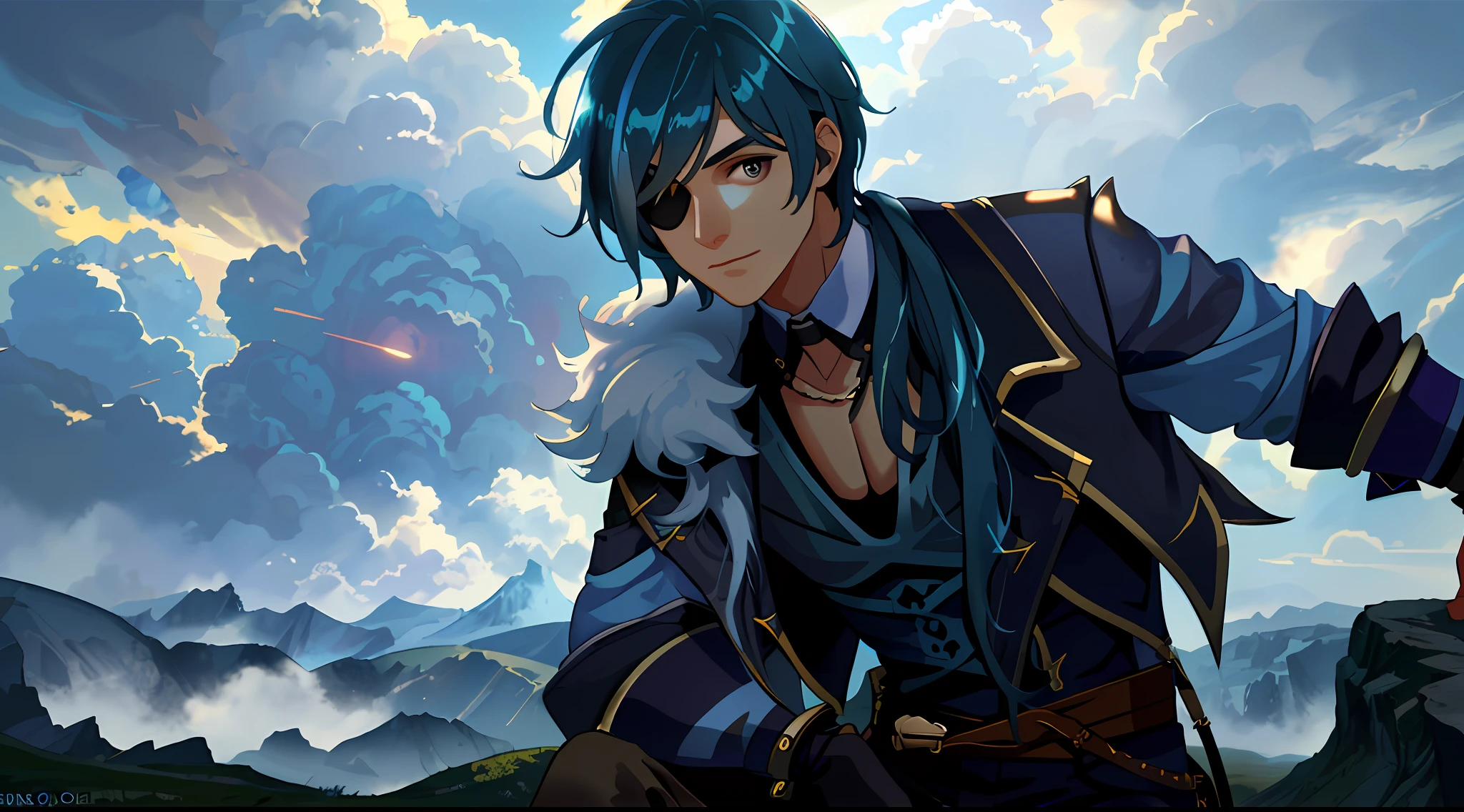 1male, kaeya, blue hair, eyepatch on right eye, expansive landscape photograph , (a view from below that shows sky above and open field below), a man standing on flower field looking up, bright sunny day (clouds:1.2), distant mountain, tree BREAK
production art, intricate details, volumetric lighting, realism BREAK
(masterpiece:1.2), detailed shadows, (best quality), 4k, ultra-detailed, (dynamic composition:1.4), highly detailed, colorful details,( iridescent colors:1.2), (glowing lighting, atmospheric lighting), dreamy, magical, (solo:1.2)