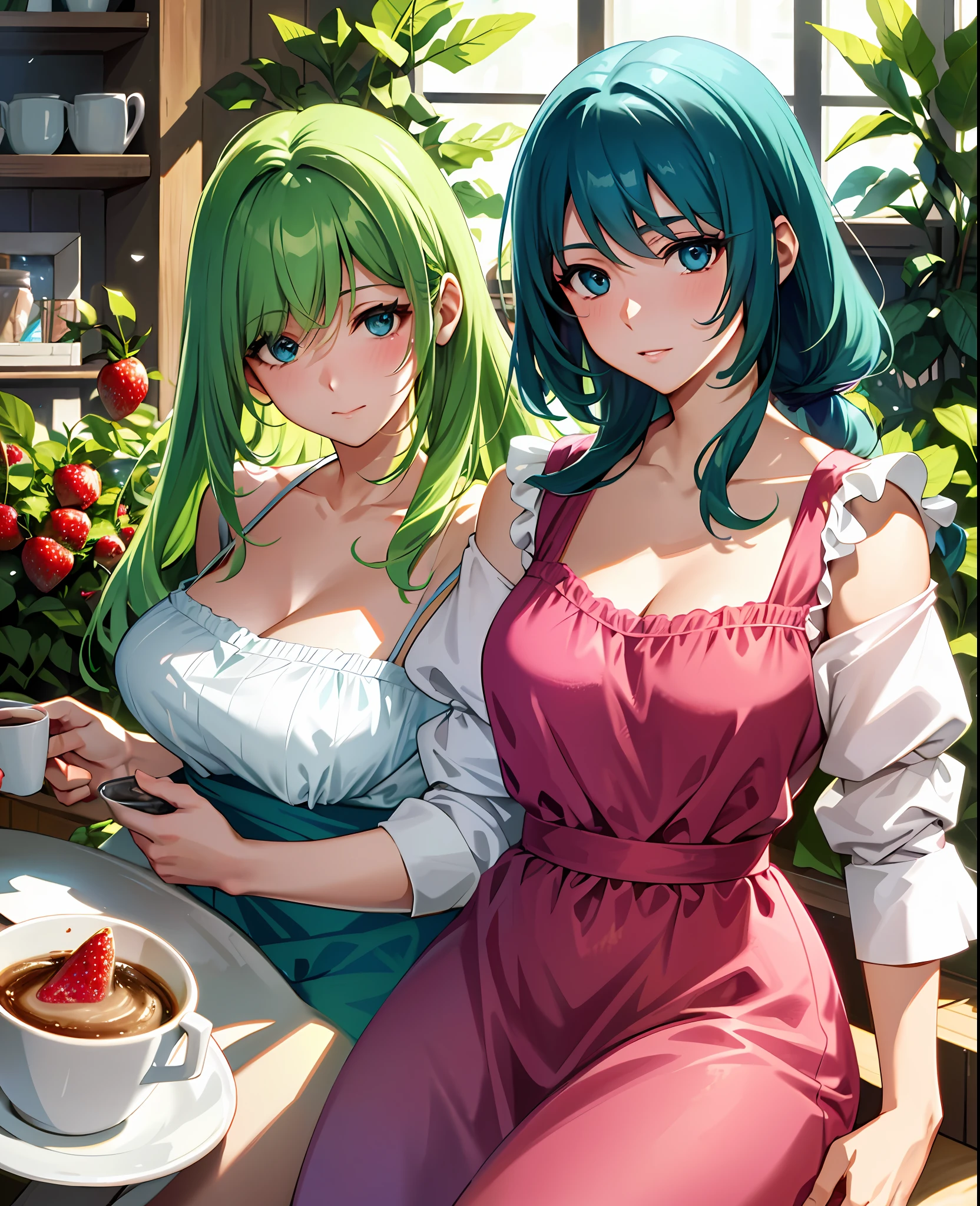 (realistic character, green hair, pink streaks, blue eyes),(drinking coffee, wearing strawberry dress, petals in hair),[flower shop, warm lighting, garden, indoors], sexy
