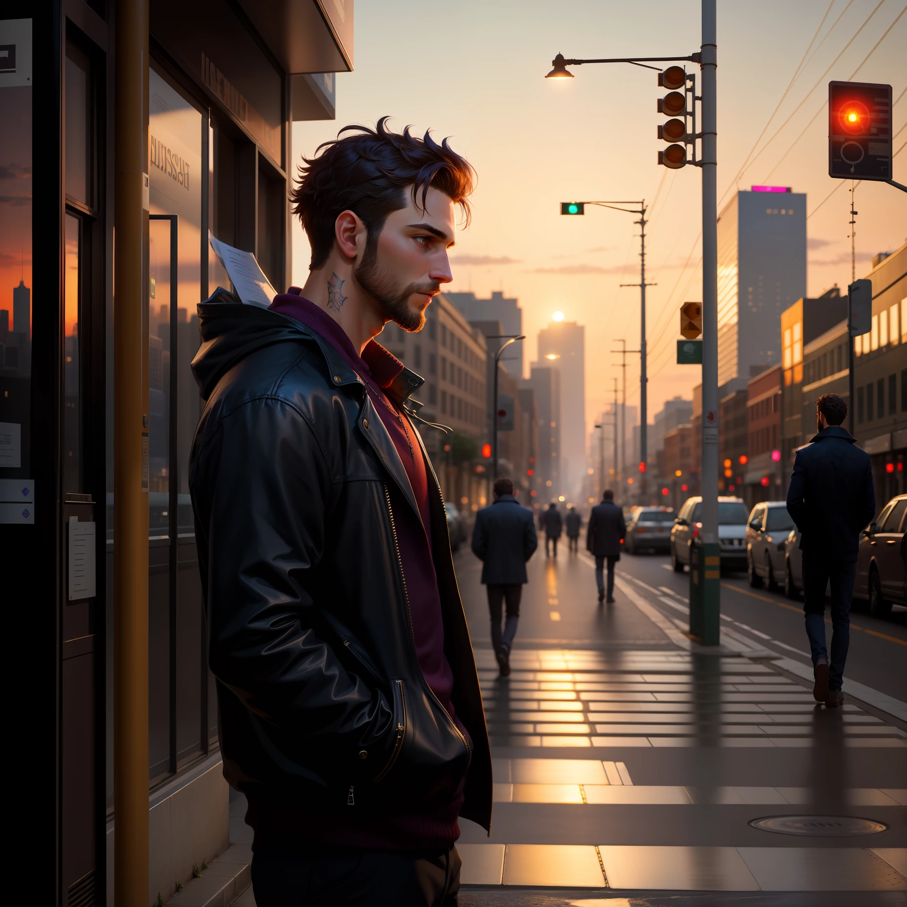 1man, masterpiece, best quality, ultra high res, twilight, cityscape, depth of field, short black messy hair, male soil, short beard, solitary