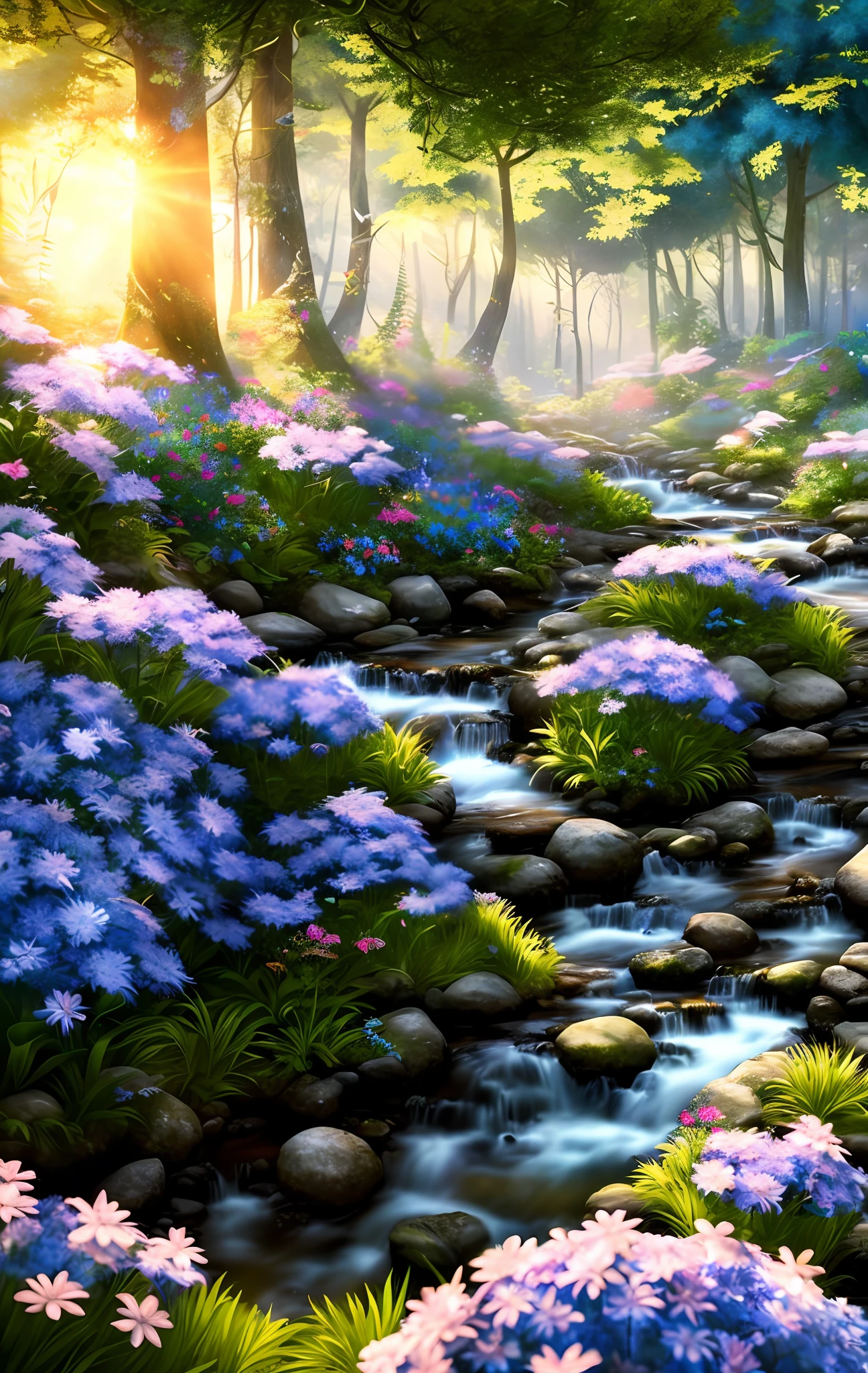 masterpiece, best quality, high quality, extremely detailed 8k CG unit wallpaper, an extremely wooded environment with giant trees and a bright sky, bright blue flowers. The streams have a deep shade of blue and the air is full of sweet and exotic aromas. The environment seems to have come out of a dream, with luminescent butterflies and giant colorful birds flying, award-winning photography, Bokeh, Depth of Field, HDR, bloom, Chromatic Aberration, photorealistic, extremely detailed, trend in artstation, trend in CGsociety, Intricate, High Detail, dramatic, art in the middle of the journey