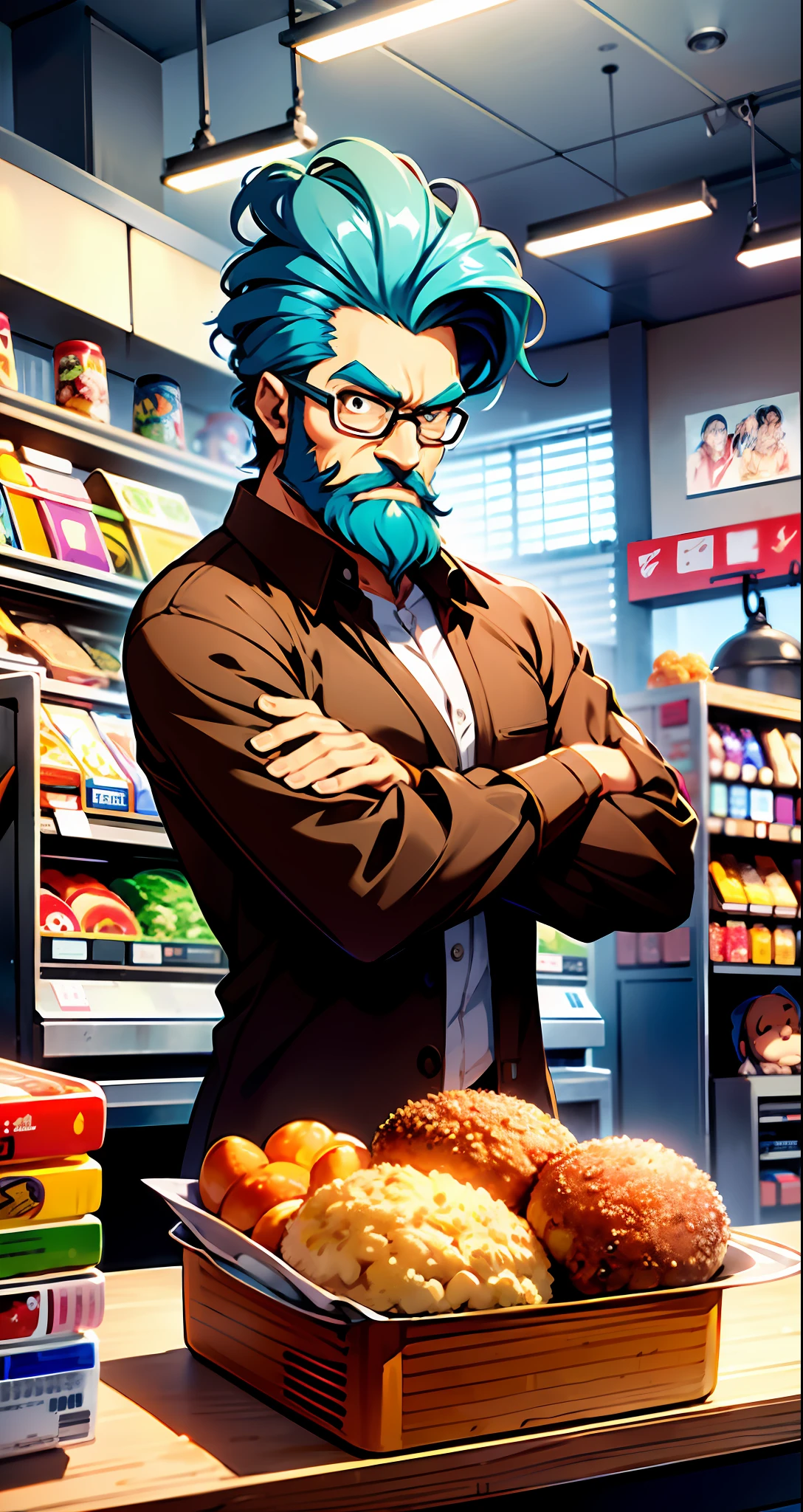 Squidward Tentacles adult big-nosed male character with humanized beard from the anime style SpongeBob series with a slmple pose working as a cashier in a junk food restaurant, sky blue hair and chocolate brown button-down casual clothes, adult physique and with a serious and moody facial expression (Anime style) (Thin body) (Thin arms)