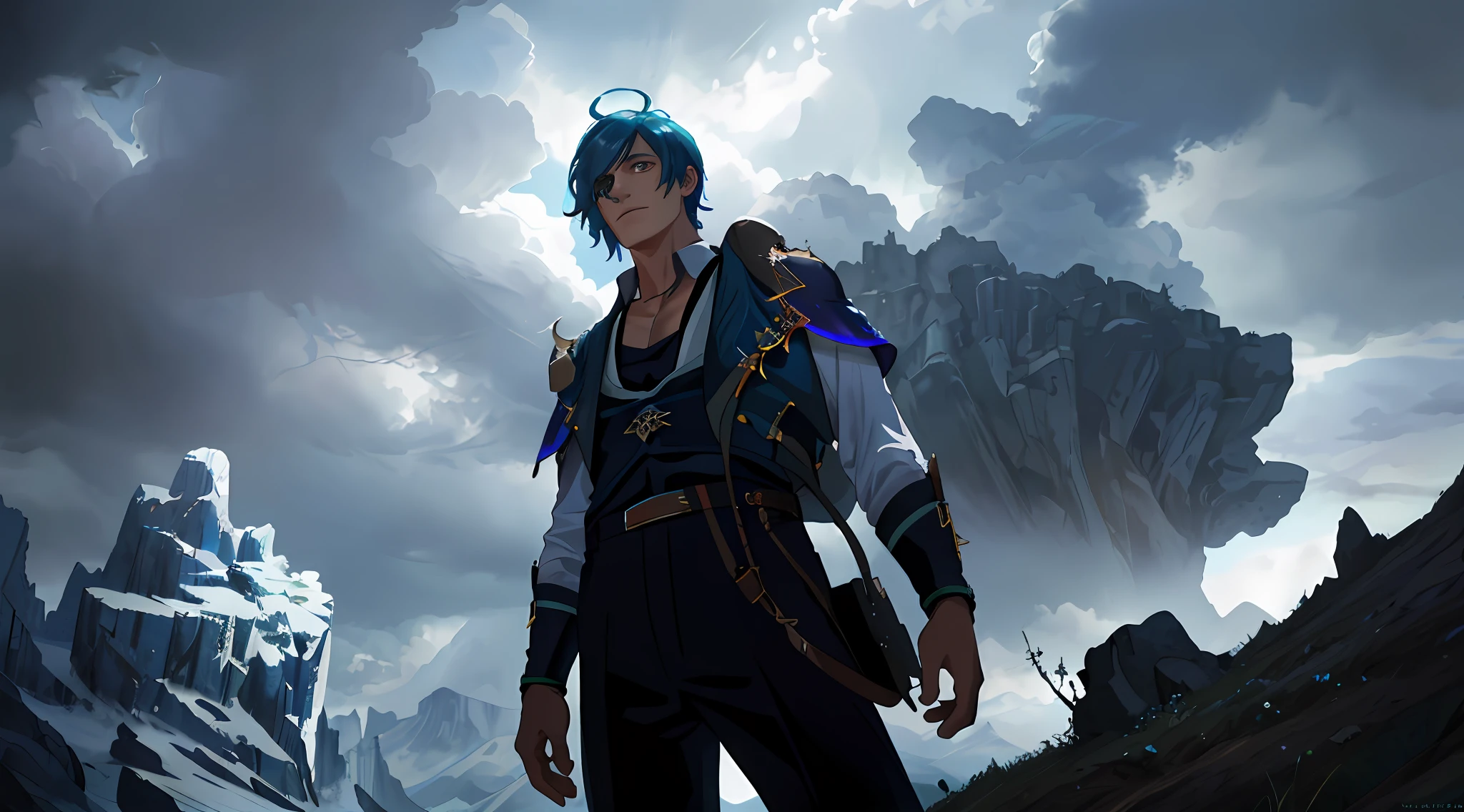 1male, kaeya, blue hair, eyepatch on right eye, expansive landscape photograph , (a view from below that shows sky above and open field below), a man standing on flower field looking up, stormy day (clouds:1.2), distant mountain, tree BREAK
production art, intricate details, volumetric lighting, realism BREAK
(masterpiece:1.2), detailed shadows, (best quality), 4k, ultra-detailed, (dynamic composition:1.4), highly detailed, colorful details,( iridescent colors:1.2), (glowing lighting, atmospheric lighting), dreamy, magical, (solo:1.2)