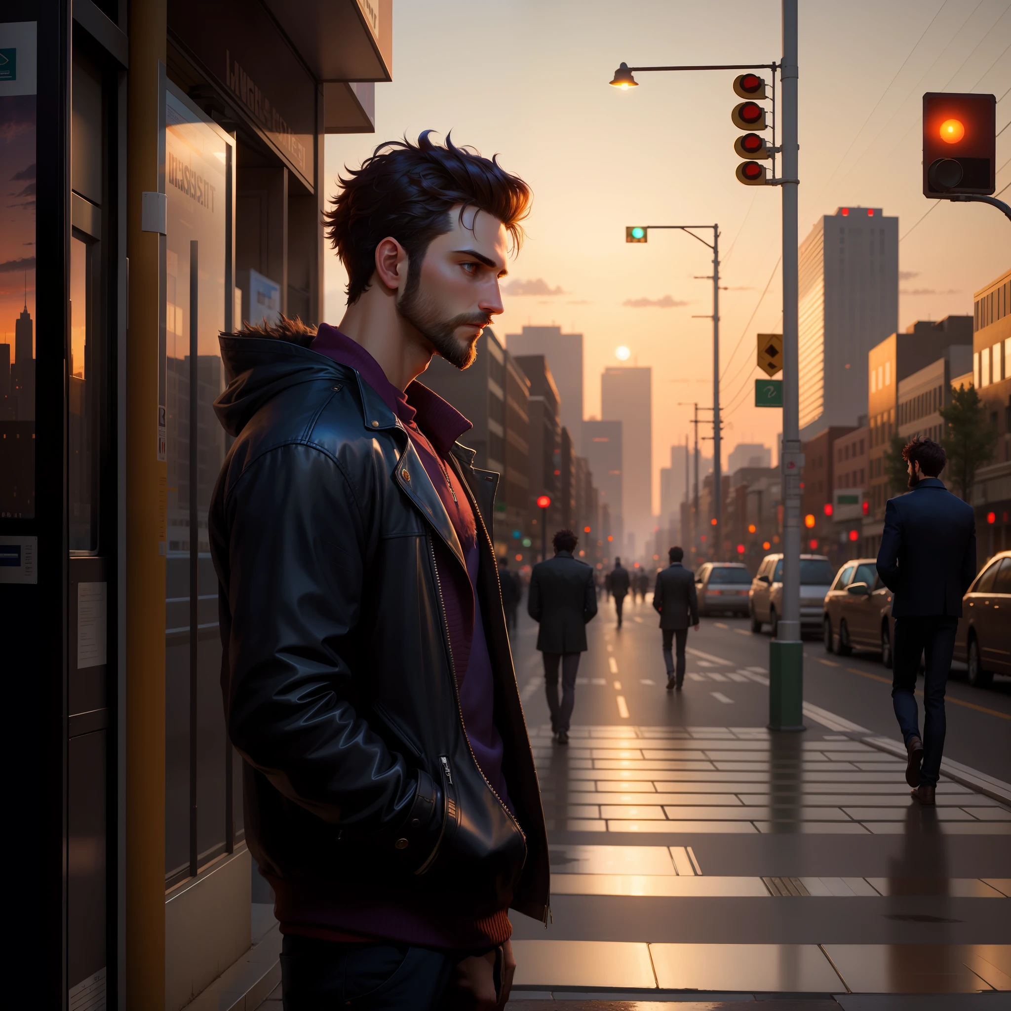 1man, masterpiece, best quality, ultra high res, twilight, cityscape, depth of field, messy hair short black, male soil, short beard, lonely hair combed back, mysterious look